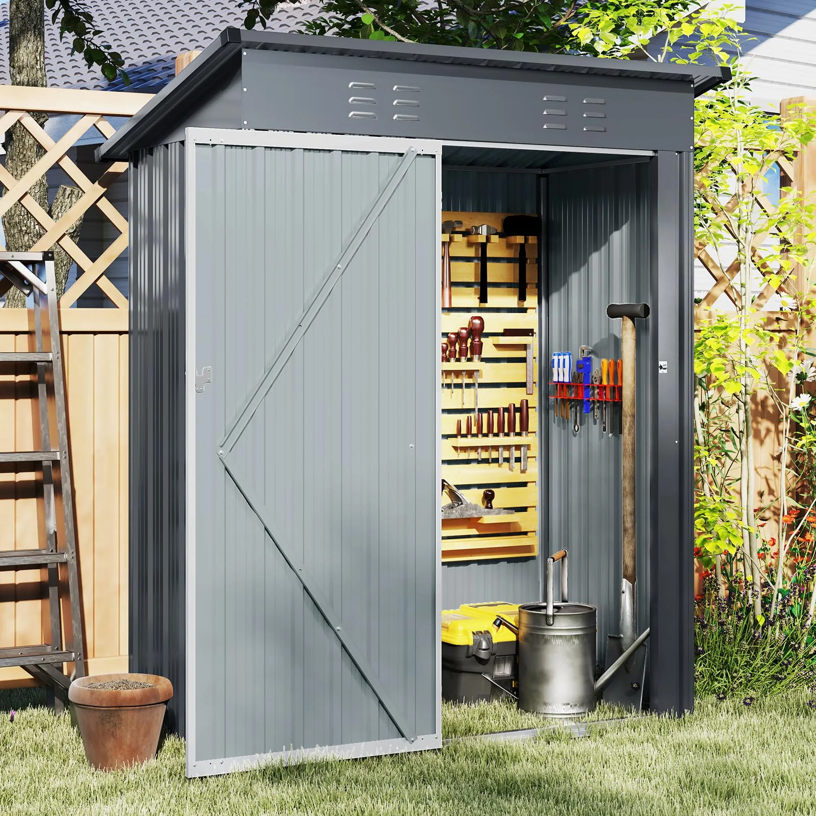 665bc86ee8ab479ab728615230c88511ad1fc124b800ae36c802a84778ede67a.webp 5 x 3 FT Outdoor Storage Shed, Galvanized Metal Tool House with Sloped Roof, 2 Vents, Lockable Door, Waterproof & Windproof Utility Tool Organizer - Image 1