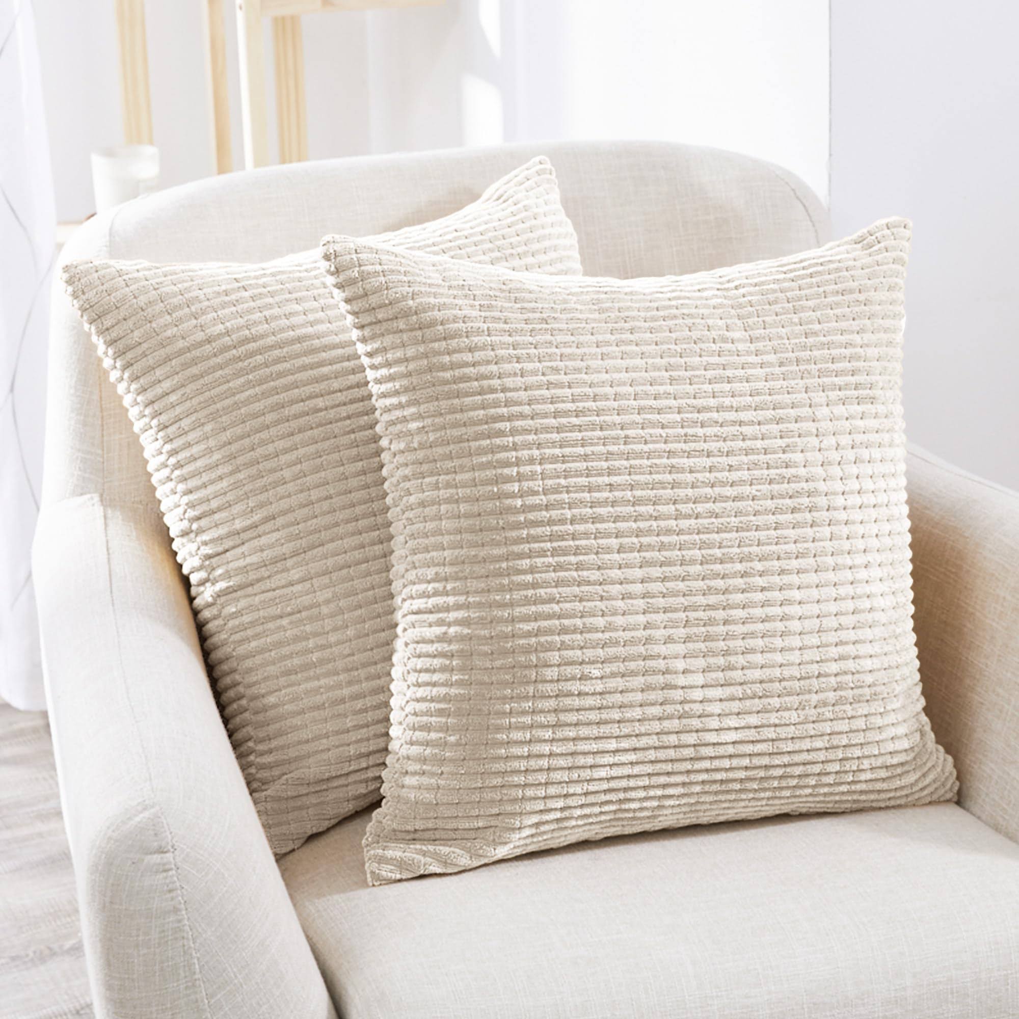 6723d996d4f4967842cf9c74c6571ebd74ef2f21c3e6fd1be48d37ab317e252b.jpg Deconovo Throw Pillow Covers Corduroy 18x18 inch Cream Stripe Pattern Square Soft Cushion Covers for Couch Bedroom Sofa Living Room Bed Chair Solid - Image 1