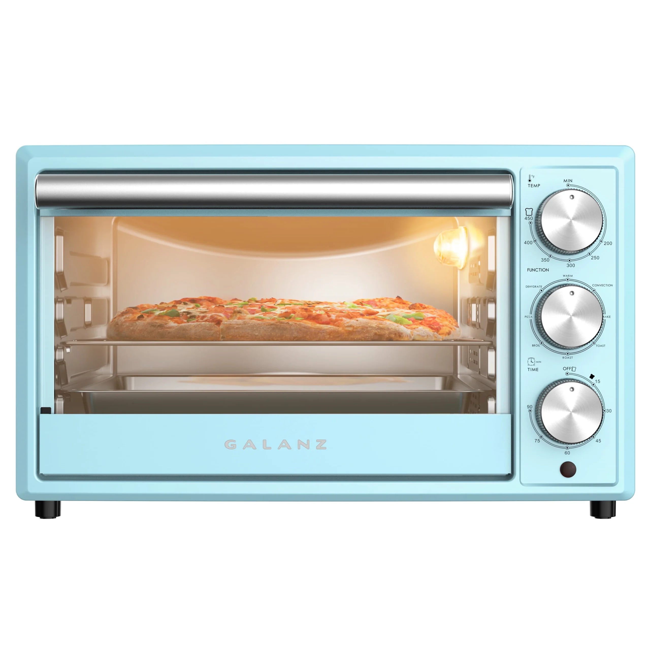 6725817fb7264082f93e44bff8520bc655e1107d1836d31001a38fb7fd304ae9.webp Galanz Retro Toaster Oven, True Convection, Indicator Light, 8 Cooking Programs, 1500W, 120volts, 0.9 Cu.ft Capacity, Blue - Image 1