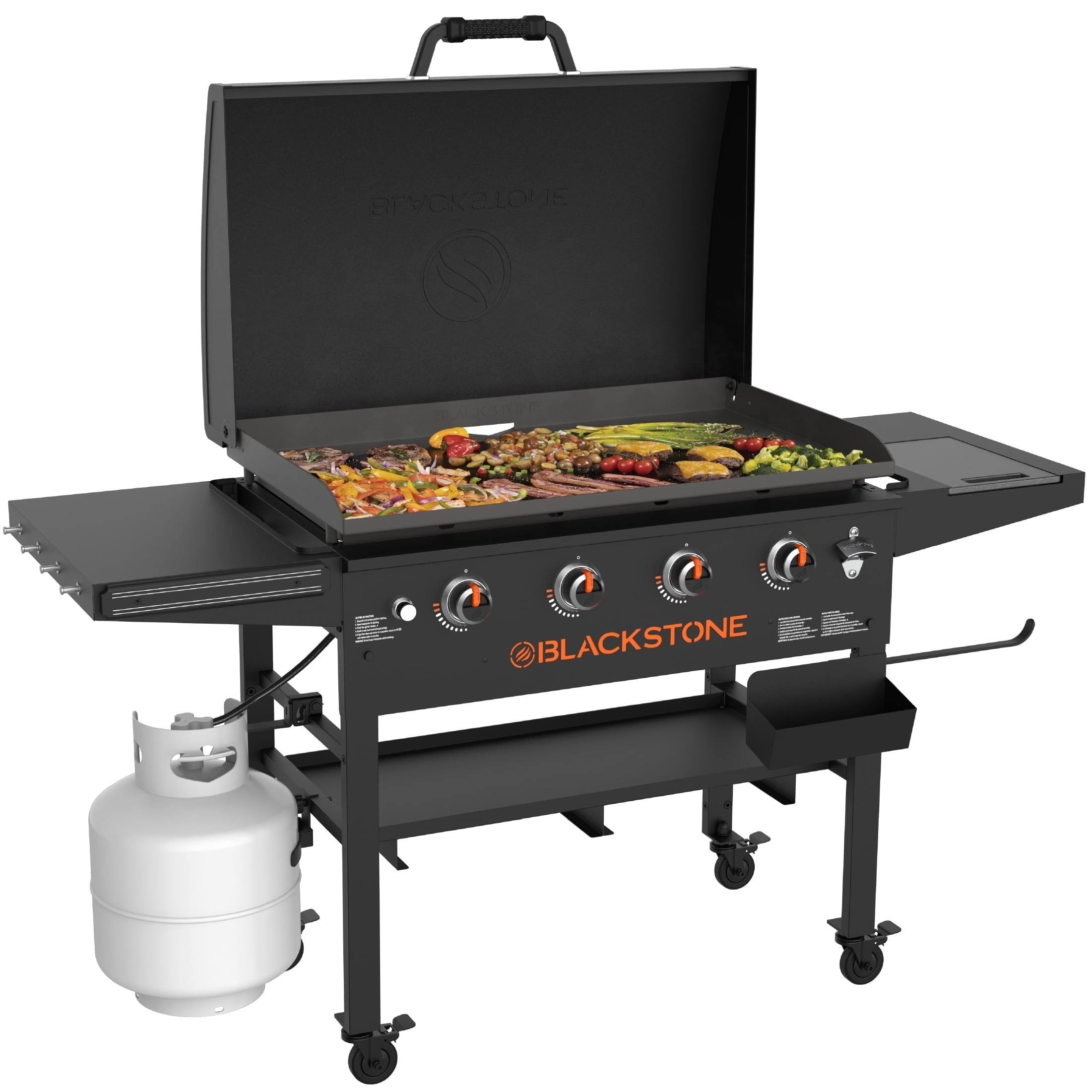 677ddf6e49b678cea233584b410288fed0ef779cdd2c185a7e5367519bb4fa09.jpg Blackstone Original 4-Burner 36 Propane Griddle with Hood and Omnivore Griddle Plate - Image 1