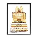 Stupell Industries Divine Golden Fashion Purse on Glam Designer Bookstack Black Framed Giclee, 11 x 14