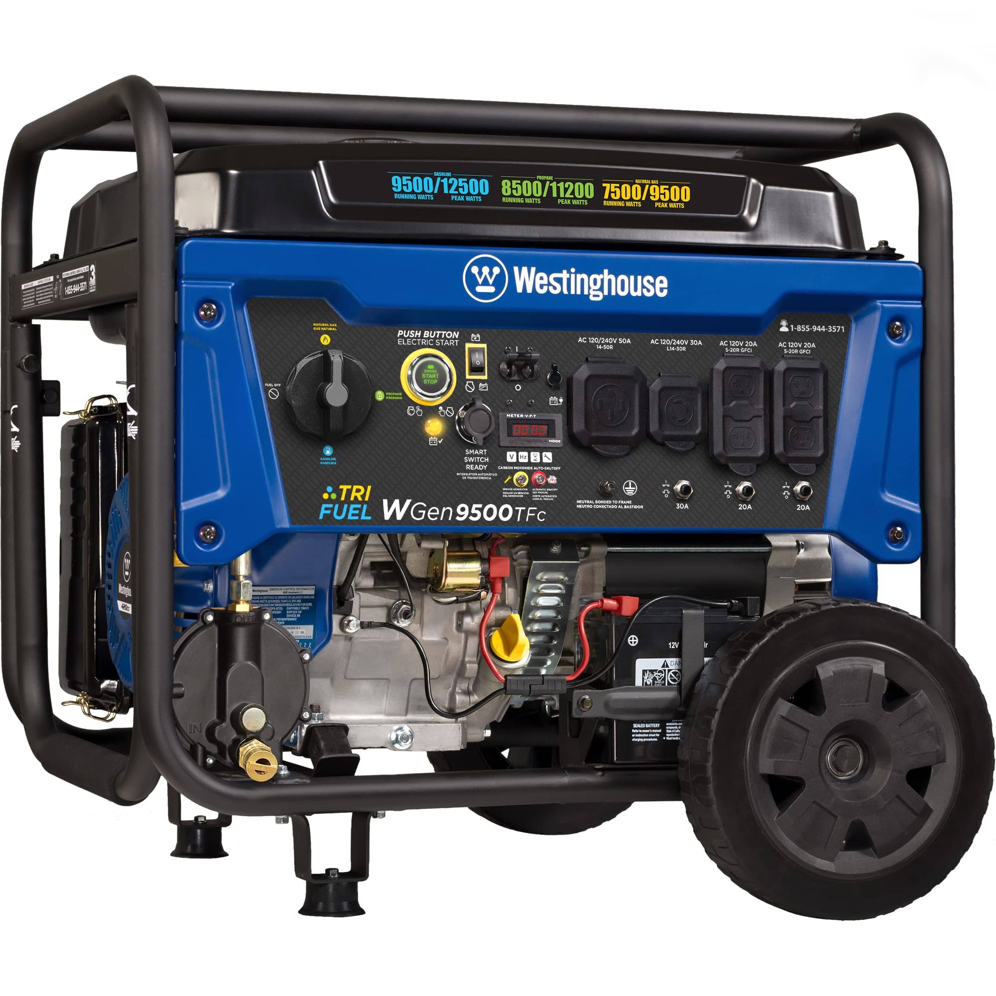 67b54542d5064b497c258c3caa0661ad30ccaaa85640320729545fb244f4faa5.jpg Westinghouse WGen9500TFc 10500 Watt Tri-Fuel Remote Electric Start Portable Generator - Image 1
