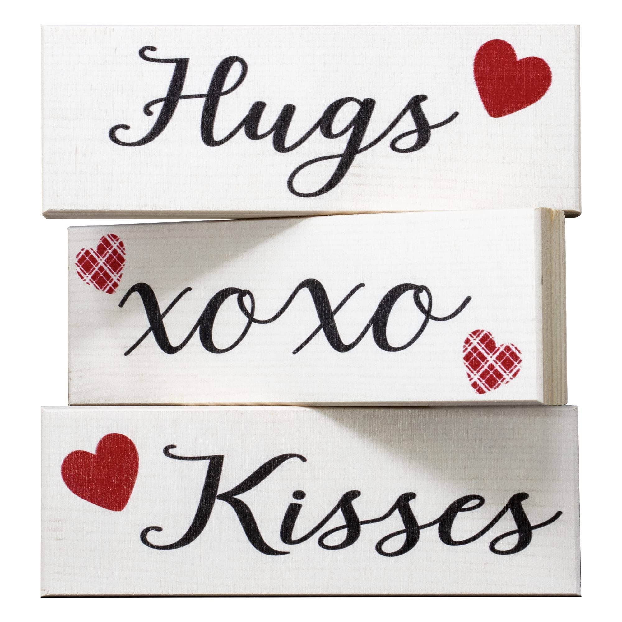 67d77c5b44a9de7282428794b960d1133c6747096de9c0fa73235b3611a25421.jpg JennyGems Happy Valentines Day Decorations, Hugs and Kisses Valentines Sign, 3 Pieces Wooden Block Set, Valentine's Day Decor, Valentine's Day Tiered - Image 1