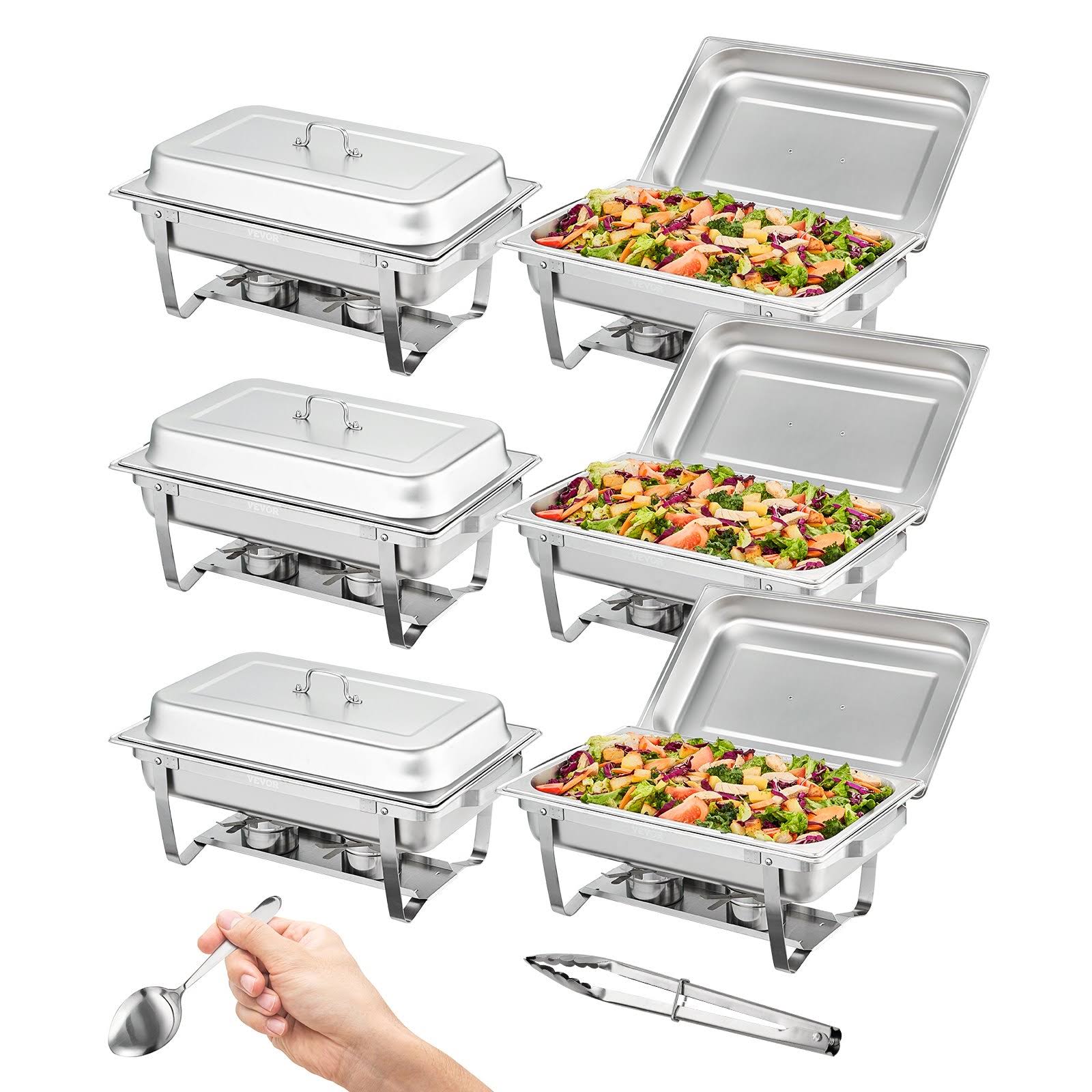 67f2f967e3664ba980bcdfbedc9c9f390ffa3bcf8452b514e6b80aaf16bdbbf1.jpg VEVOR Chafing Dish Buffet Set 8 qt 6 Pack Stainless Chafer with 6 Full Size Pans Rectangle Catering Warmer Server with Lid Water Pan Folding Stand - Image 1