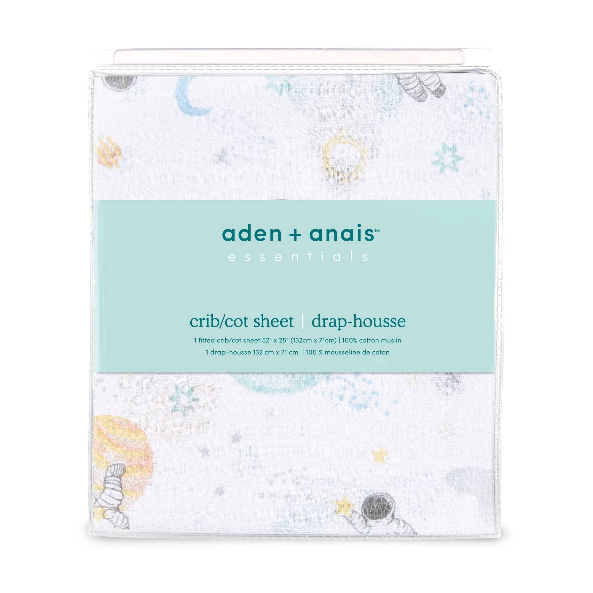 6856022db1e9e9e6e2764c5574e1a1044e8c47aeb8d23b1c2c4453aaef237c48.jpg Aden + Anais Essentials Space Muslin Fitted Crib Sheet In Blue - Image 1