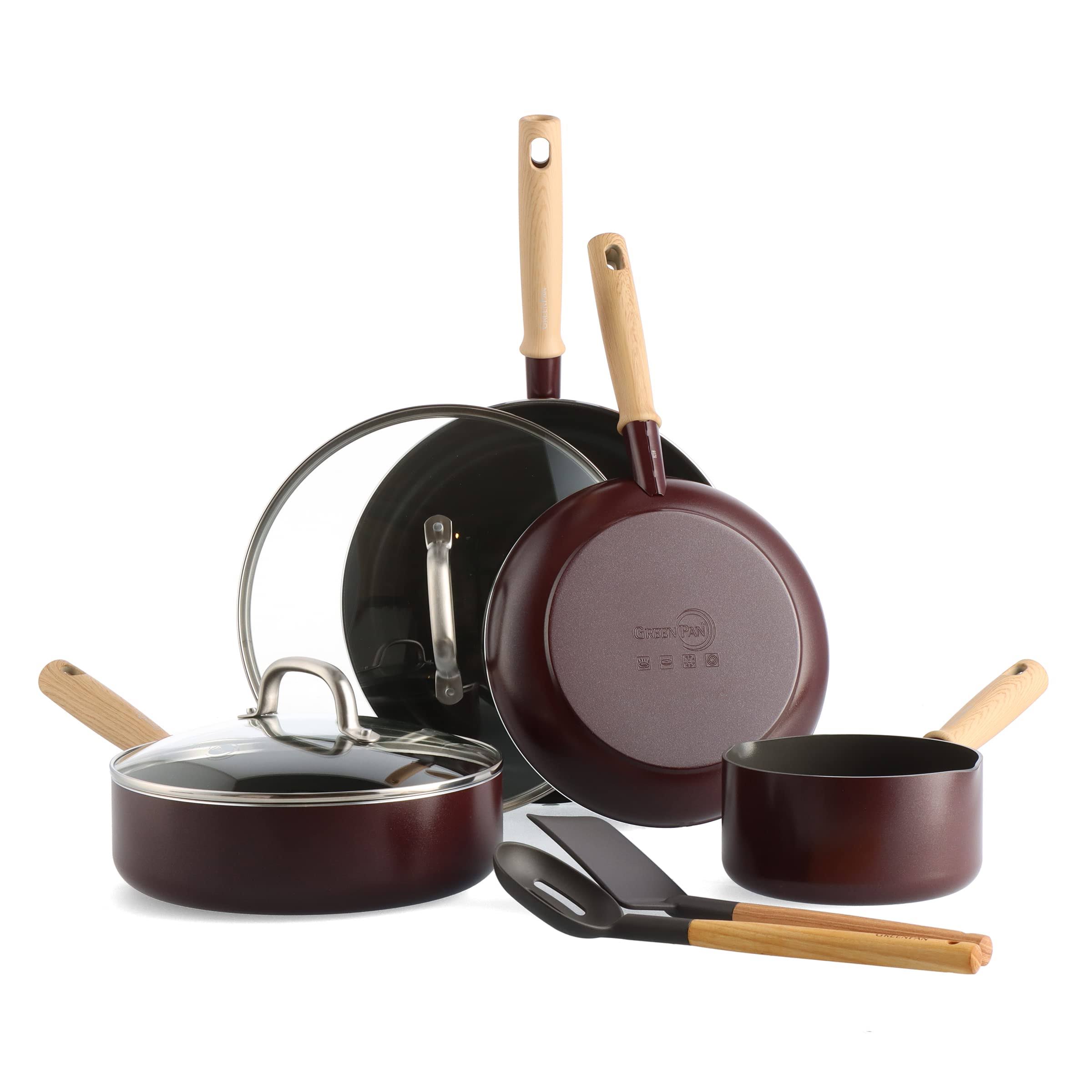 688131eb93fbac0e2f93ca8dc9c78b0122cae73e104f756ea26a5209e9b243fe.jpg GreenPan Hudson Healthy Ceramic Nonstick, 8 Piece Cookware Pots and Pans Set, Wood Inspired Handle Merlot - Image 1