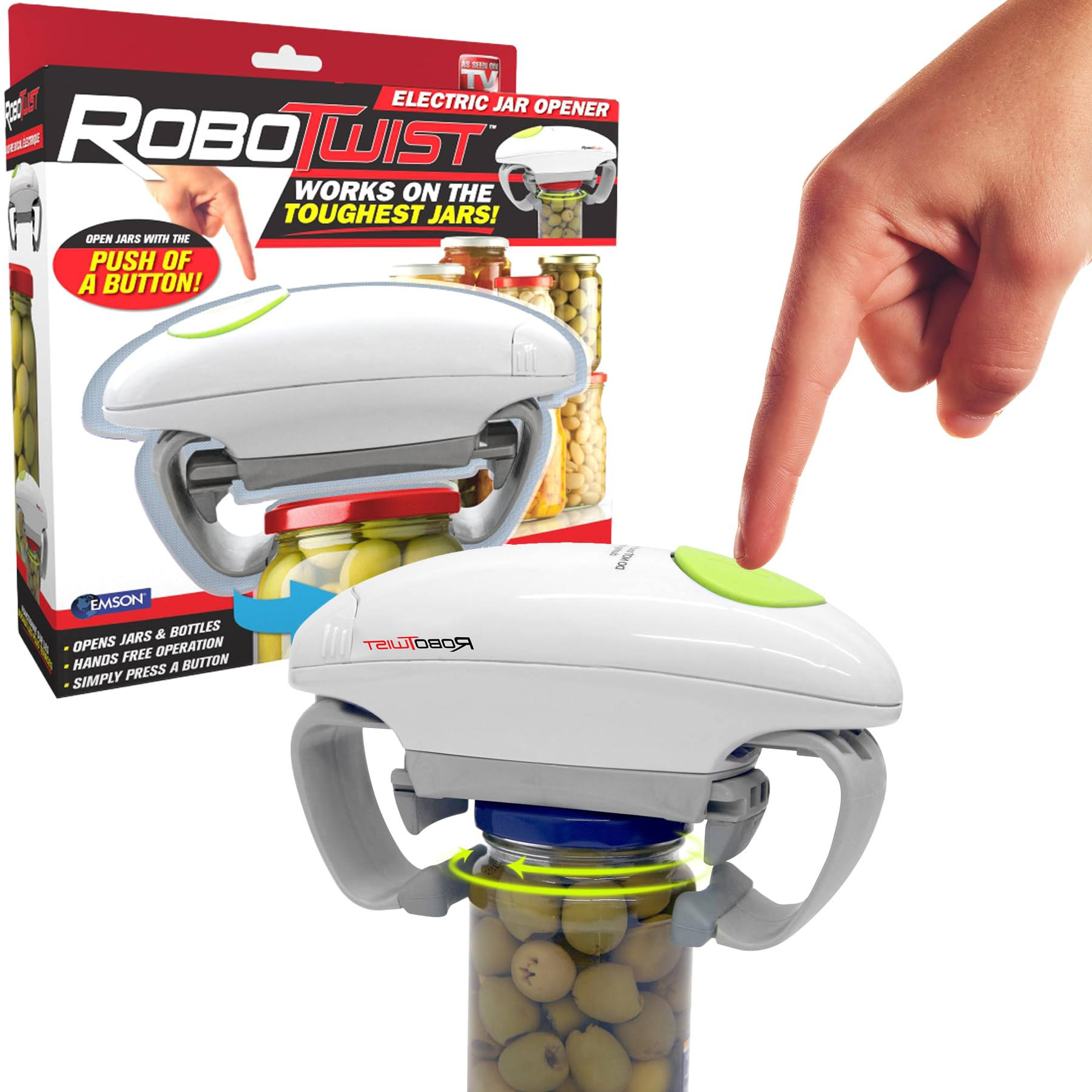 6887da749d3f5151e2e03376ece24cbdcfdbb1f35567e83037b3385c3953cb57.jpg Emson RoboTwist Jar Opener, Automatic Jar Opener, Deluxe Model with Improved Torque, Robo Twist Kitchen Gadgets for Home, Electric Handsfree Easy Jar - Image 1