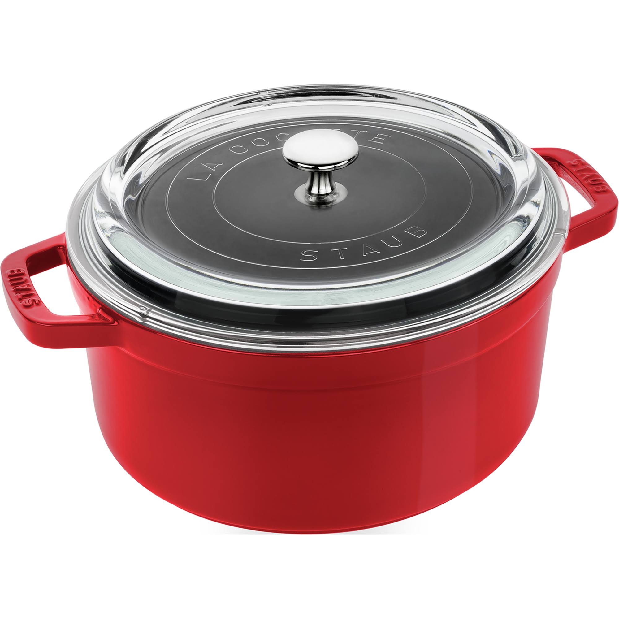 68fc8f0e9f970868689ff203224b21ba24d4c0cab18306e2a1a73db92c857cb1.jpg Staub 4-Quart Cast Iron Round Cocotte with Glass Lid - Cherry - Image 1