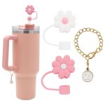 2pcs Straw Cover for Stanley Cup 30&40 oz 10mm Flower Silicone Straw Topper Protector Lid with Initial Personalized Letter Charm Stanley Tumblers