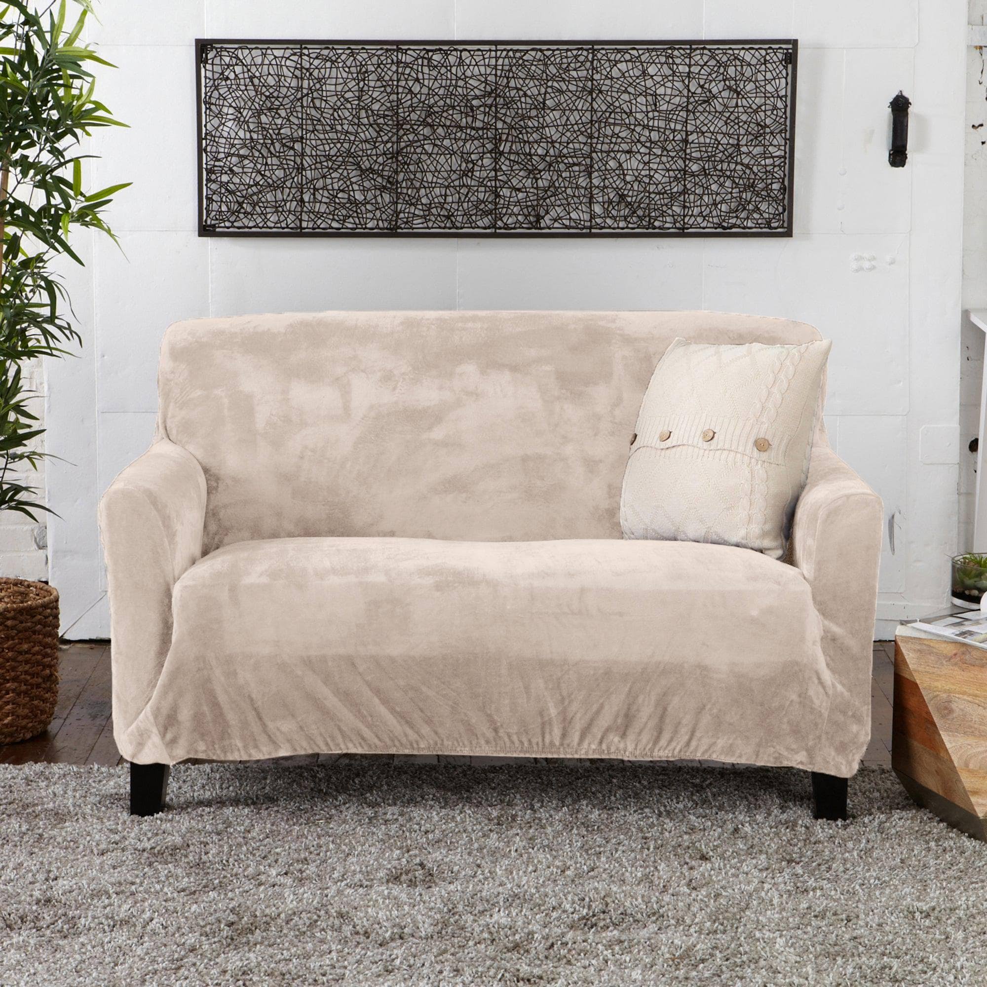 69cd9057b6f92224e641628dd0c5b97162b2bfbb9d70ea8047589fd5741866eb.jpg Home Fashion Designs Velvet Plush Form Fit Loveseat Slipcover (Silver Cloud) - Image 1