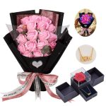 Eightown Roses Bouquet Fake Artificial Flower - Preserved Pink Flowers with Love Necklace for Her - Unique Gifts Valentine's Day, Mother's Day,