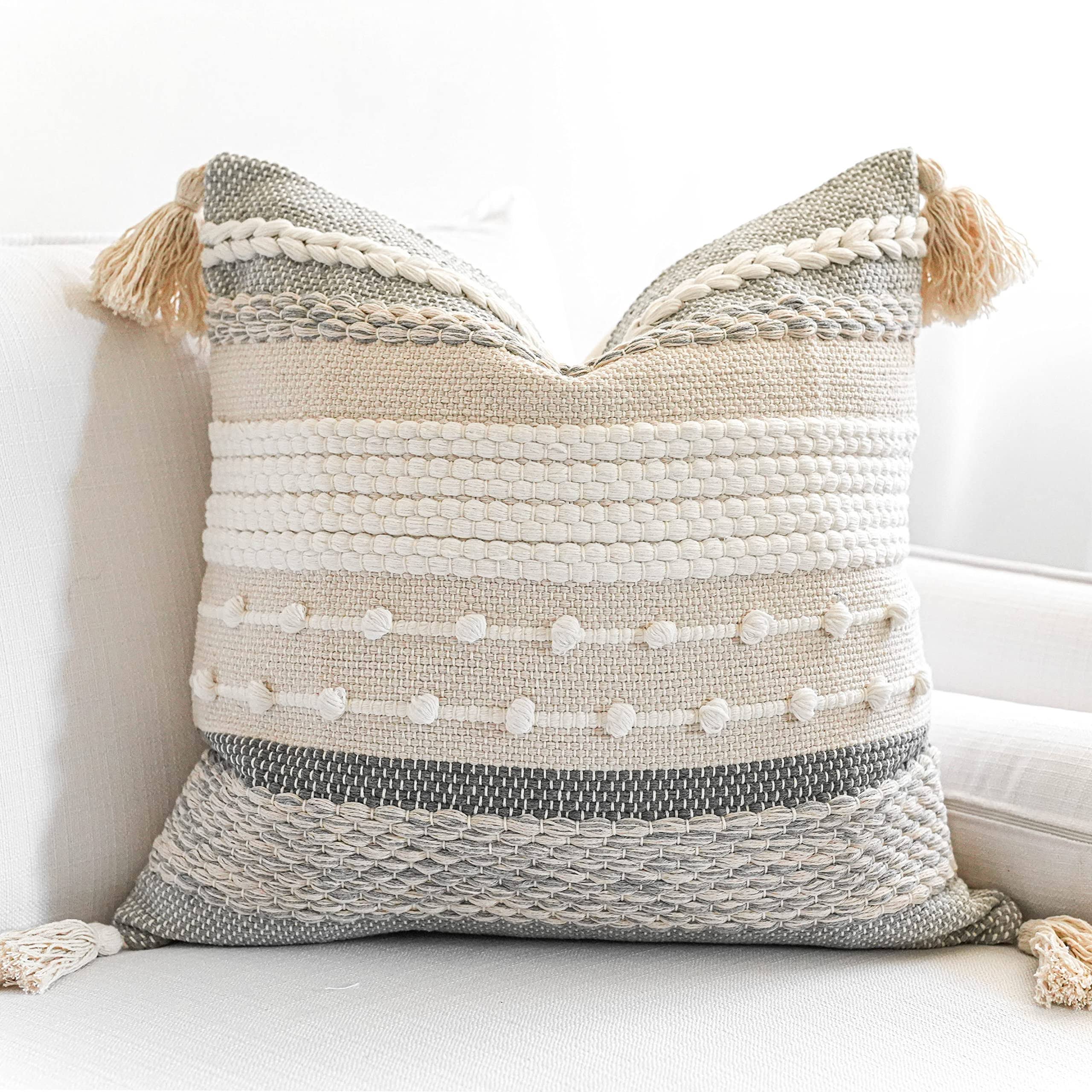 6a3c9a697be7f5822f3bbf1877e4319d60cf7e9f7edfea1c349a215c5478d630.jpg BLISSBLUSH Gray Boho Throw Pillow Cover 20x20 Grey Decorative Accent Pillow for Couch Square Woven Textured Pillowcase Modern Farmhouse Pillow for - Image 1