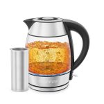 Chefman Fast Boiling 1.8L Electric Glass Kettle, Removable Tea Infuser, LED Lights, Stainless Steel, Clear
