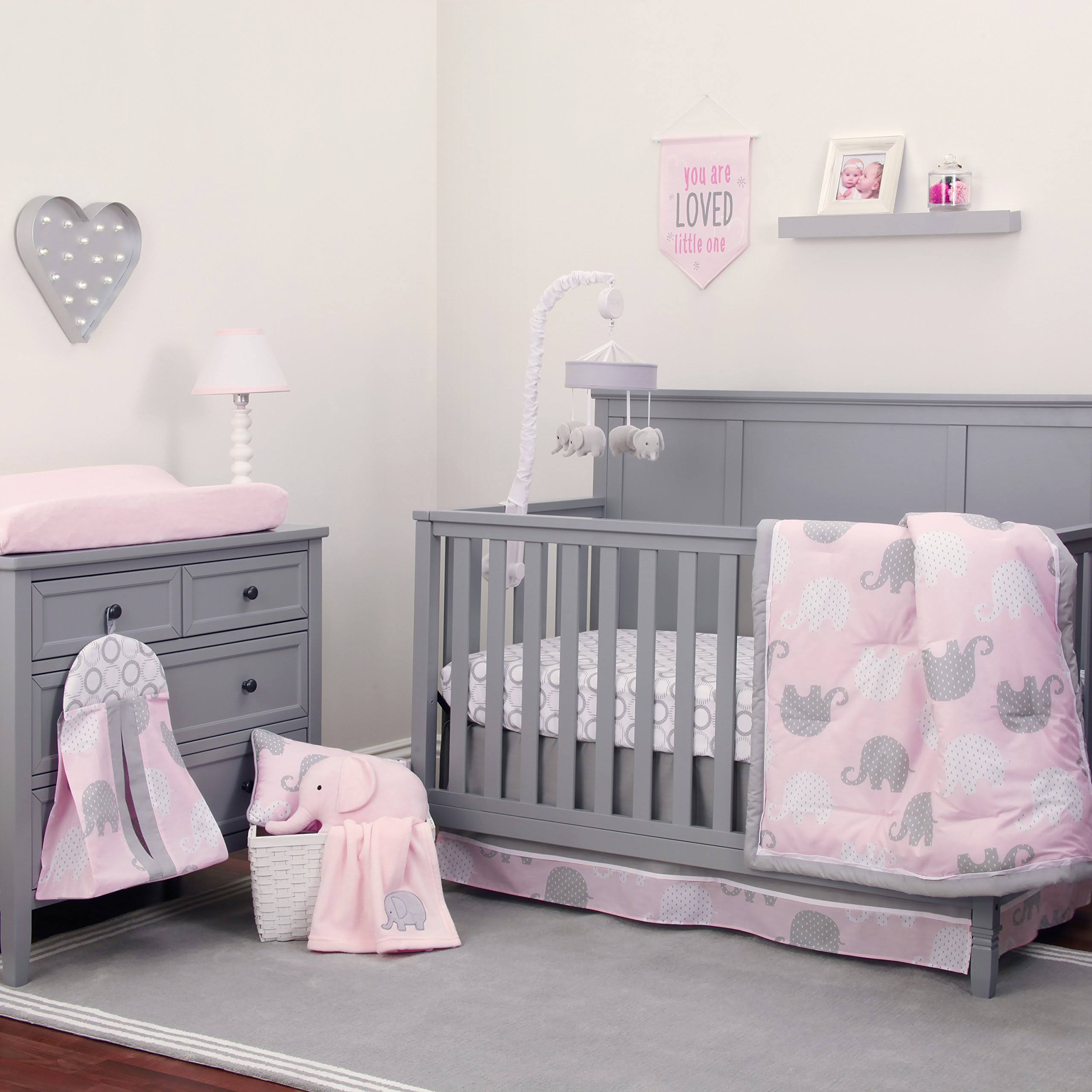 6ab55d5efdd3a2a7e32cdbf4c89c4e3f3b8e3c854dac123c936f665562c22ed5.jpg NoJo Dreamer Elephant 8-Piece Crib Bedding Set in Pink/Grey - Image 1