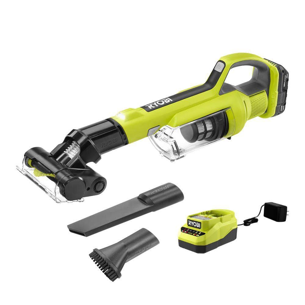 6ac978873991db546b3f064c116dc0bb4f4fa0365bc180a7c8253cf634bca851.jpg Ryobi ONE+ 18V Cordless Hand Vacuum with Powered Brush Kit with 2.0 Ah - Image 1