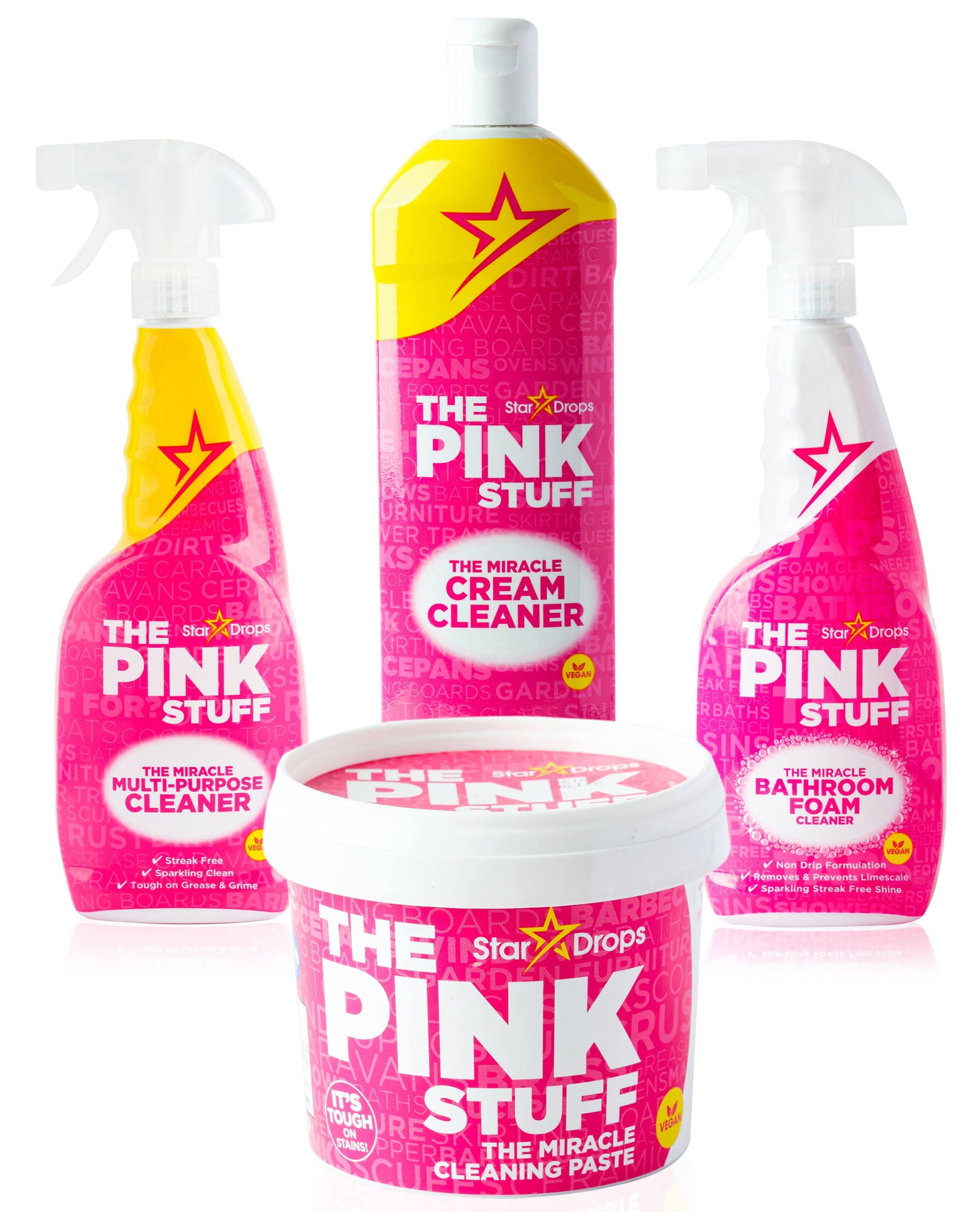 6b181f6fc604b216917e2055ec53cff5b22b9bd856d15c85d53eb121617e8e9d.jpg The Pink Stuff - Ultimate Bundle (1 Cleaning Paste 1 Multi-Purpose Spray 1 Cream Cleaner 1 Bathroom Foam Cleaner) - Image 1
