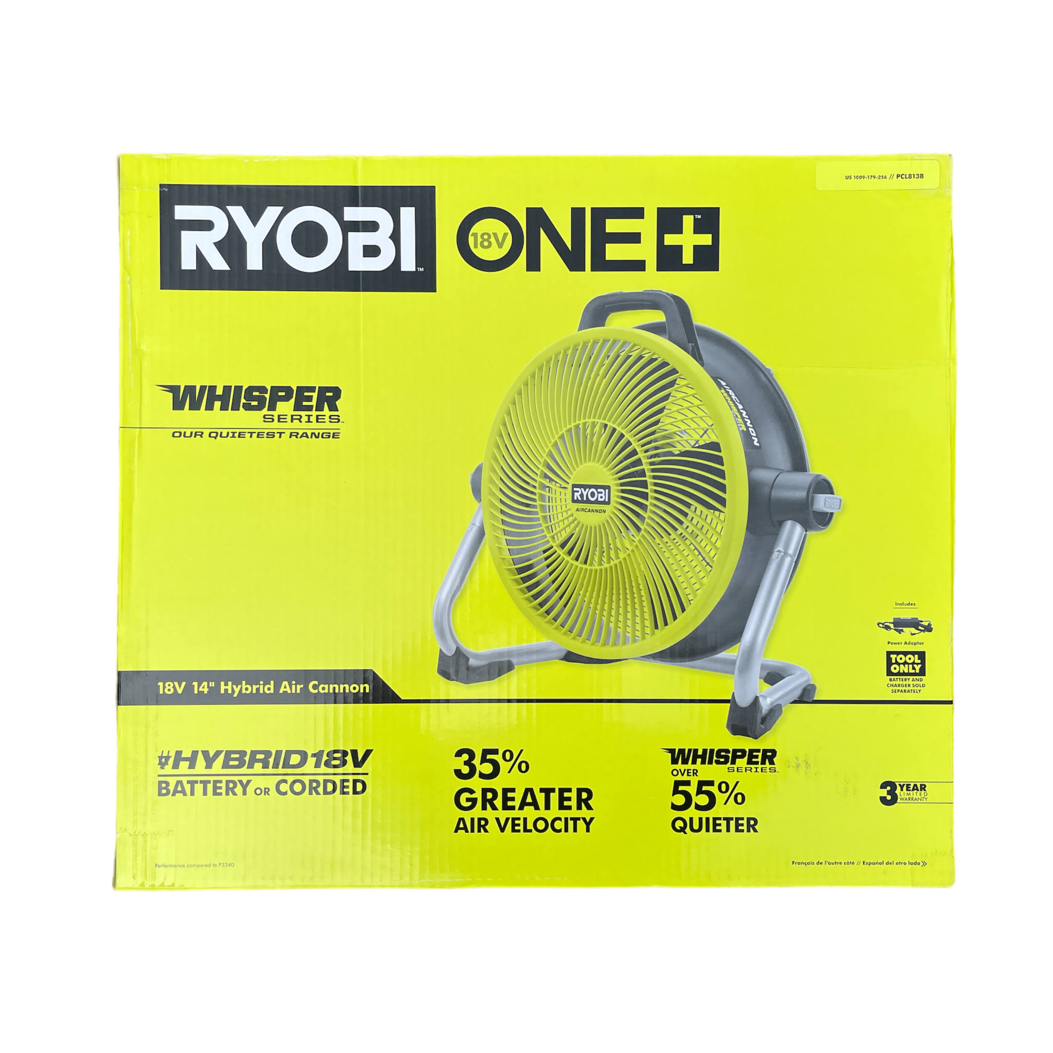 6b218ea5d3bfb72e0322c9647d328a12bf23f80cf819064281c4e6edcd6ba6c6.jpg Ryobi PCL813B ONE+ 18V Cordless Hybrid Whisper Series 14 in. Air Cannon Fan (Tool Only) - Image 1