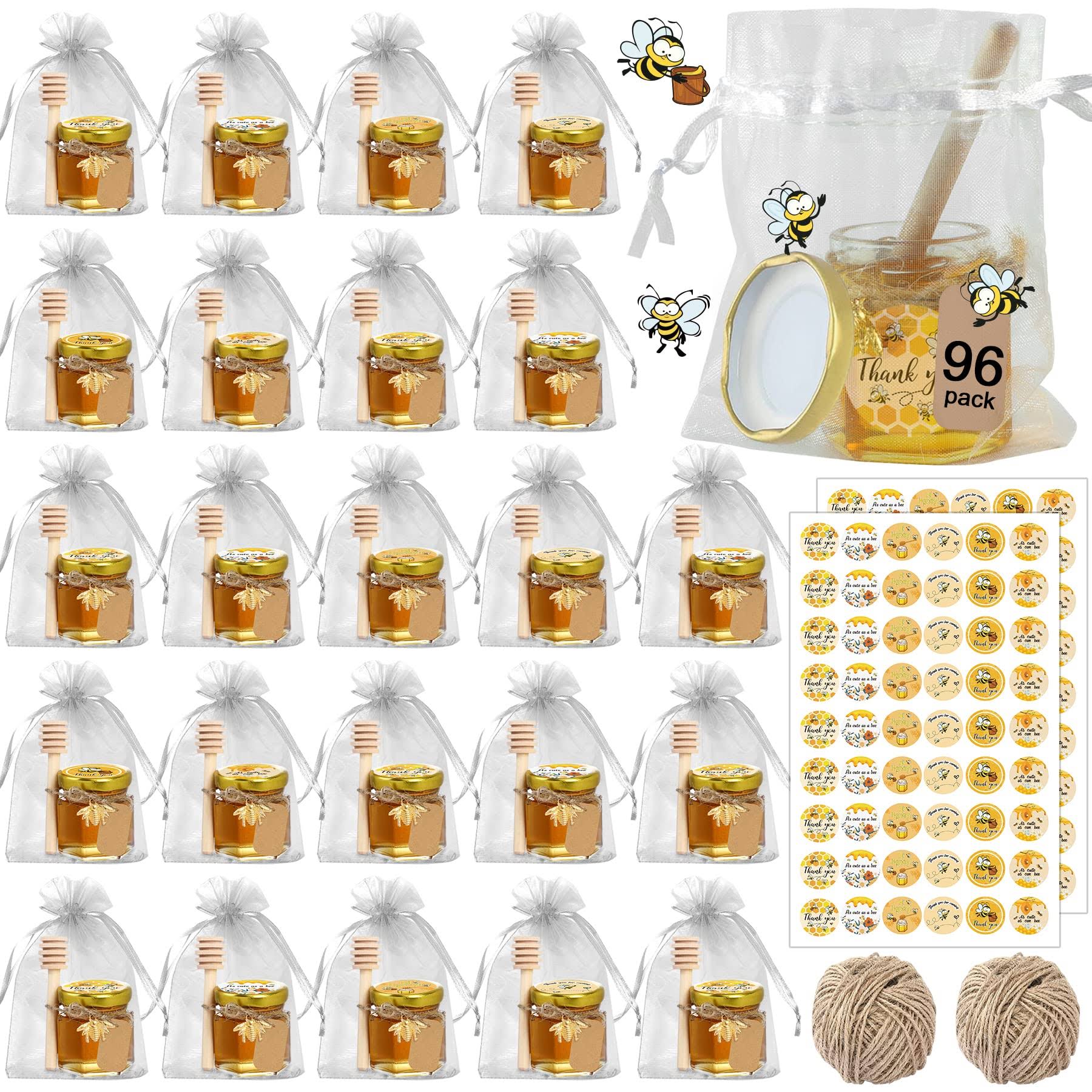 6b4bf6d350c94f81764751108bdd296117b76b947dece60af99d732ed018bf05.jpg Aliggbent 96 Pcs Honey Jars,Mini Honey Jars Party Favors in Bulk,1.5oz Small Hexagon Glass Honey Jars with Dipper, Stickers, Gold Lid, Charms, Gift - Image 1