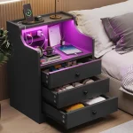 Nightstand with 3 Drawers and Shelves, Night Stand with LED Lights and USB Port Charging Station, LED Bedside Table with Hutch, Black