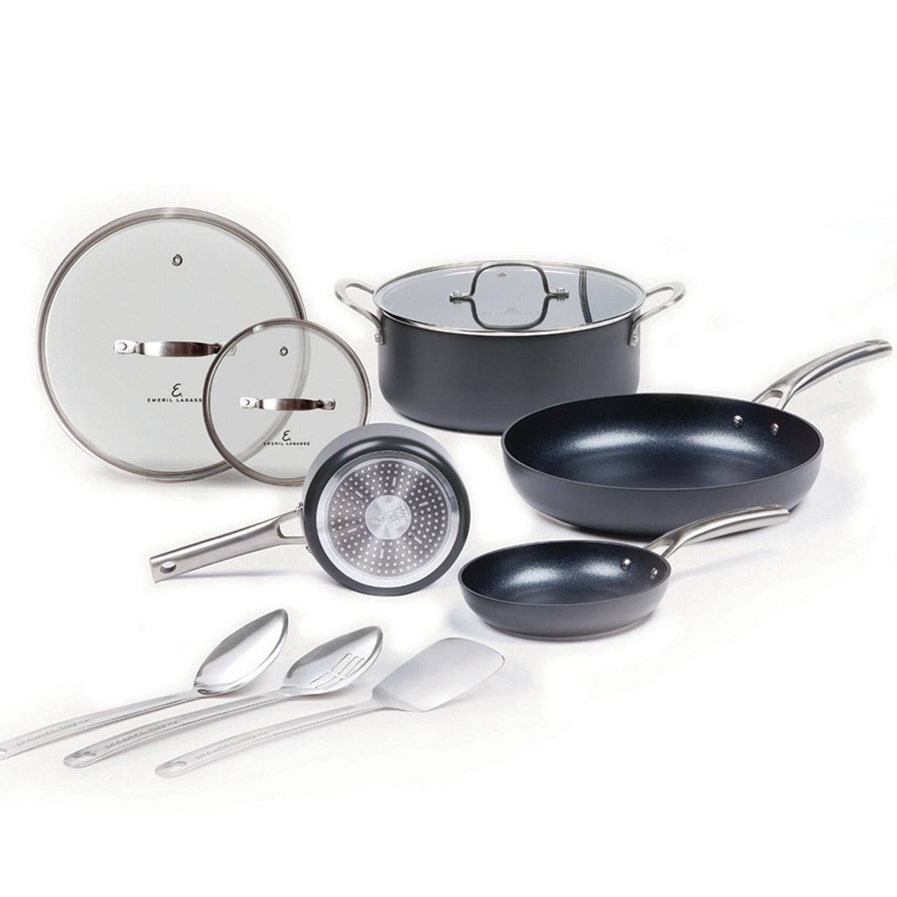6b821111555fff35589031031bc46315e4d1b2d7e6cff8aba972808638509626.jpg Emeril Lagasse Forever Pans, 10 Piece Cookware Set with Lids and Utensils, Hard Anodized Nonstick Pans, Black, Dishwasher Safe, Oven Safe - Image 1
