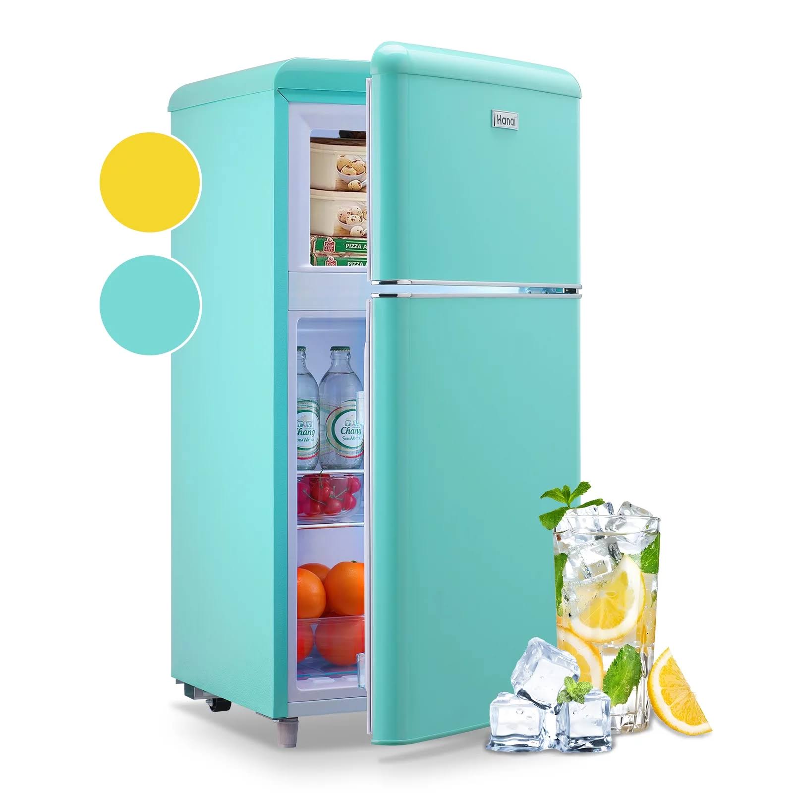 6b845697d25fee3b1416e8d6e152263ff5a85750f5901dbb90f884ebe206077e.jpg WANAI 3.5 CU.FT Compact Refrigerator Dual Doors Mini Fridge with Freezer 7 Temp Adjustable Control Yellow - Image 1