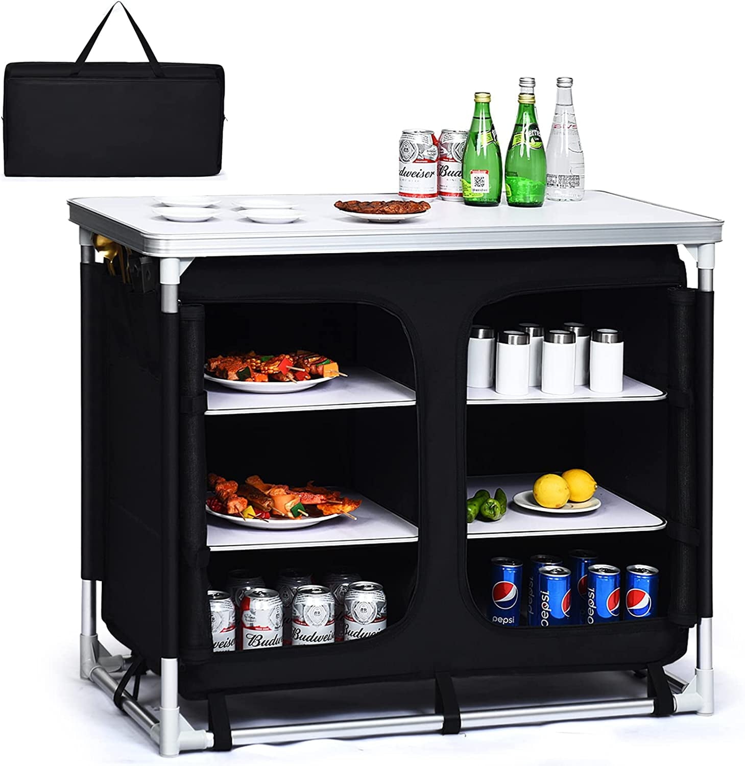 6b93d1d2eda4db6ef7fd109d5591a33b77f752df8b04d13b95bdf84e9bc1c644.jpg Cook Table Kitchen Station with Storage Organizer and Carrying Bag. for BBQ Party. Picnics. Backyards. Tailgating. Portable. Black - Image 1
