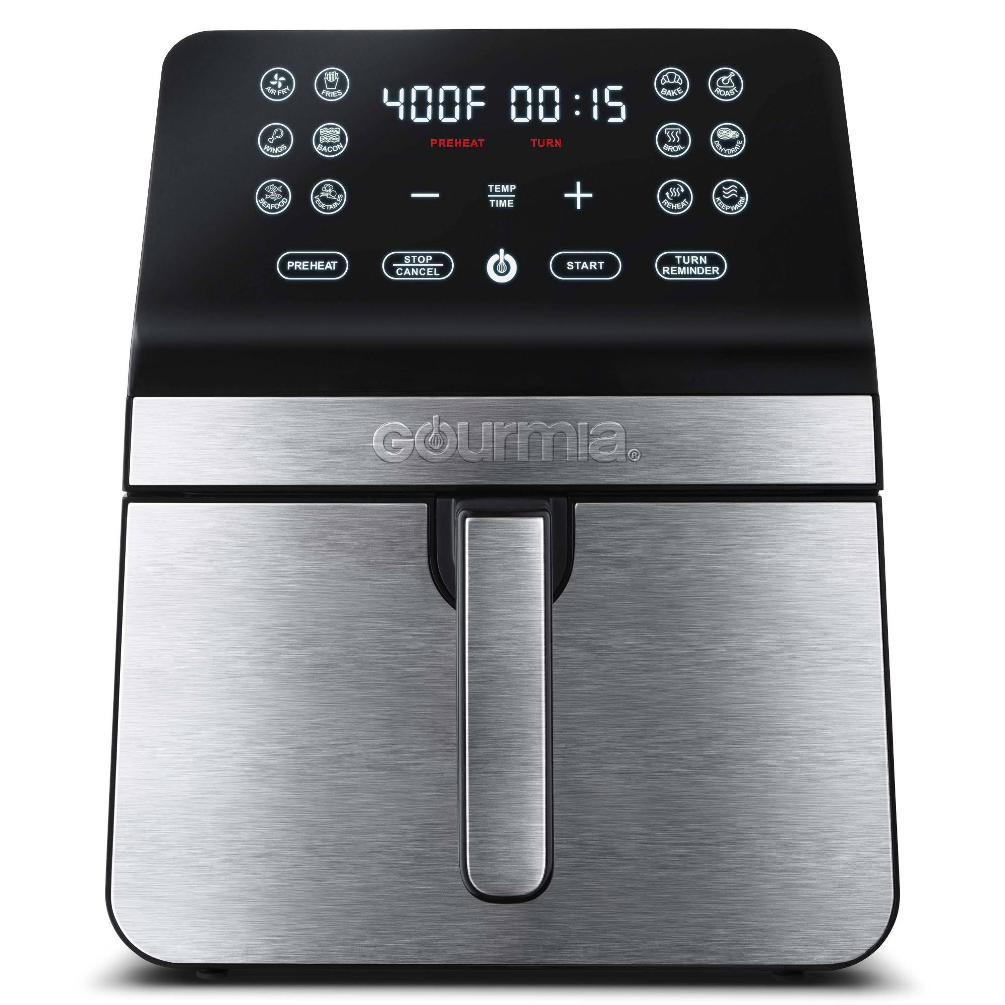 6ba935109cdbee40d07a00d7edfe78e11d1e3bb30a3a0e9e8439e9e53d142f72.jpg Gourmia 8-Quart Digital Air Fryer, with 12 One-Touch Functions & Guided Cooking - Stainless Steel - Image 1