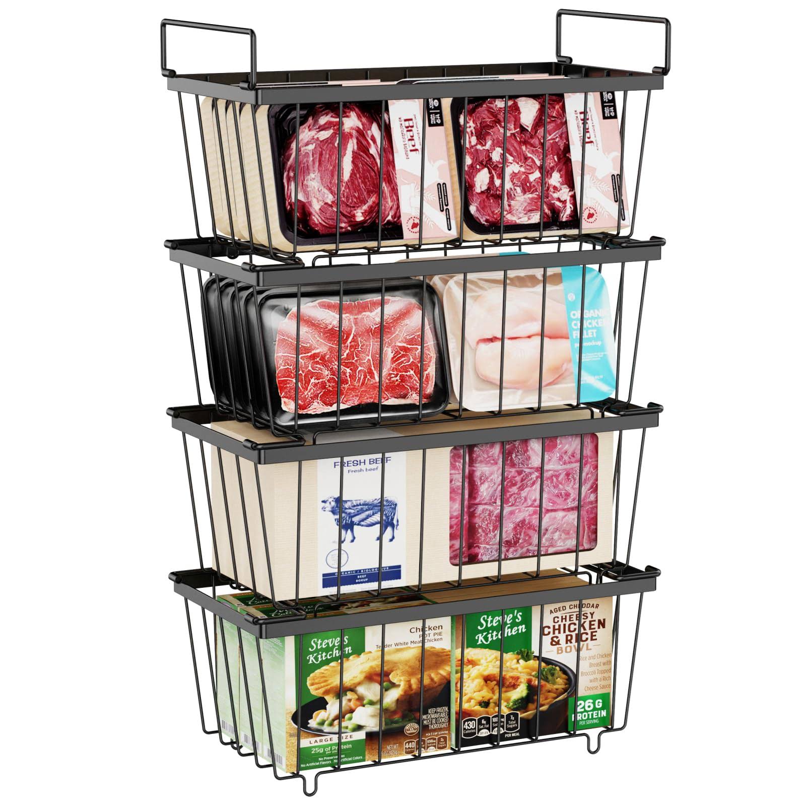 6be3099170a6f6e7c12f97462c0fcc5e68f887cadf7b104e495e114f08d9d21c.jpg iSPECLE Chest Freezer Organizer 4 Pack Stackable Baskets with Handles Pantry Organization and Storage for Chest Freezer Pantry Black - Image 1
