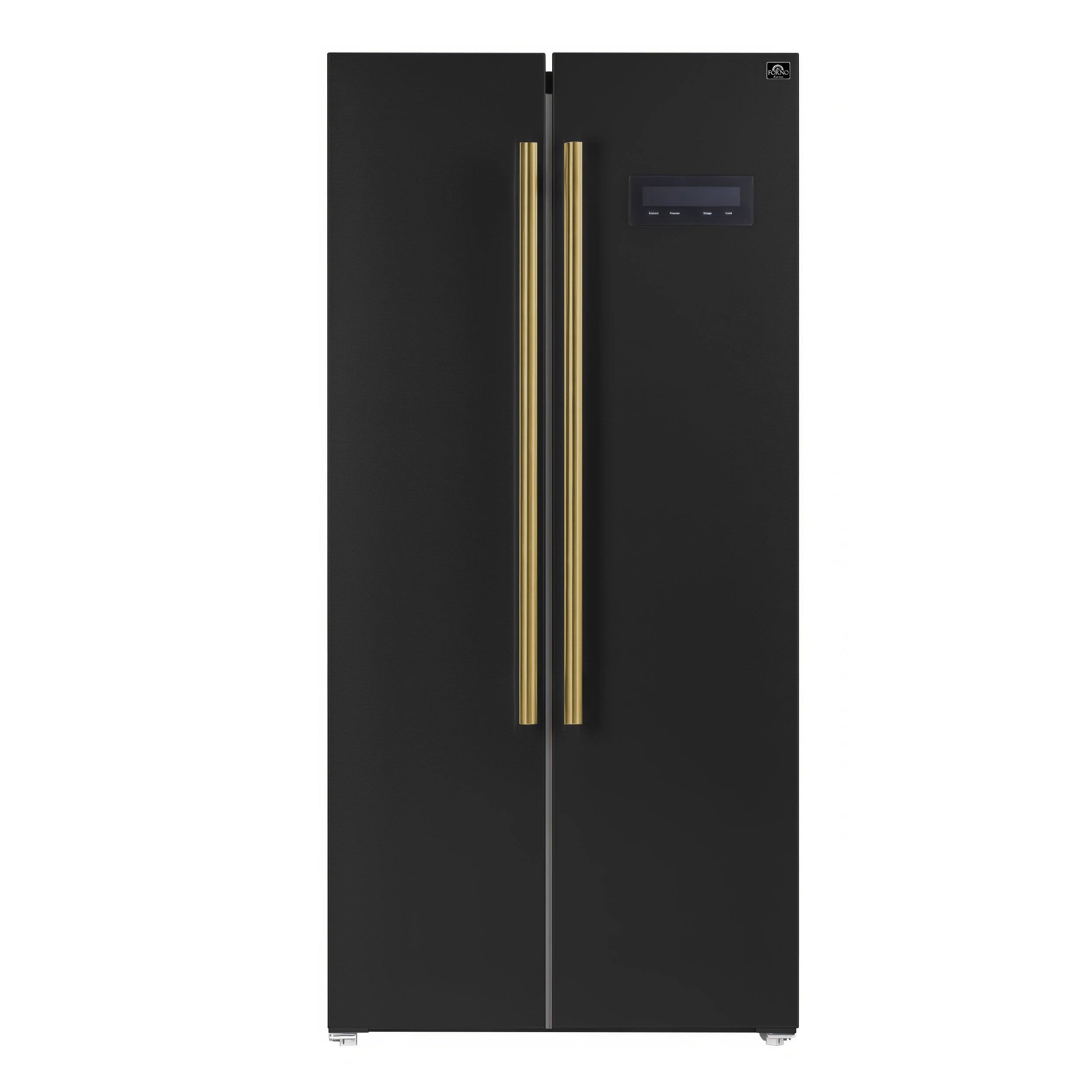 6bf1a4f29cae14ab96a9f26fd2a385976aafdaab0c2a86149a68569d86806fae.jpg Forno Salerno Espresso 33-inch Side-By-Side 15.6 cu.ft. Refrigerator with Brass Handle - FFRBI1805-33BLK, Black - Image 1
