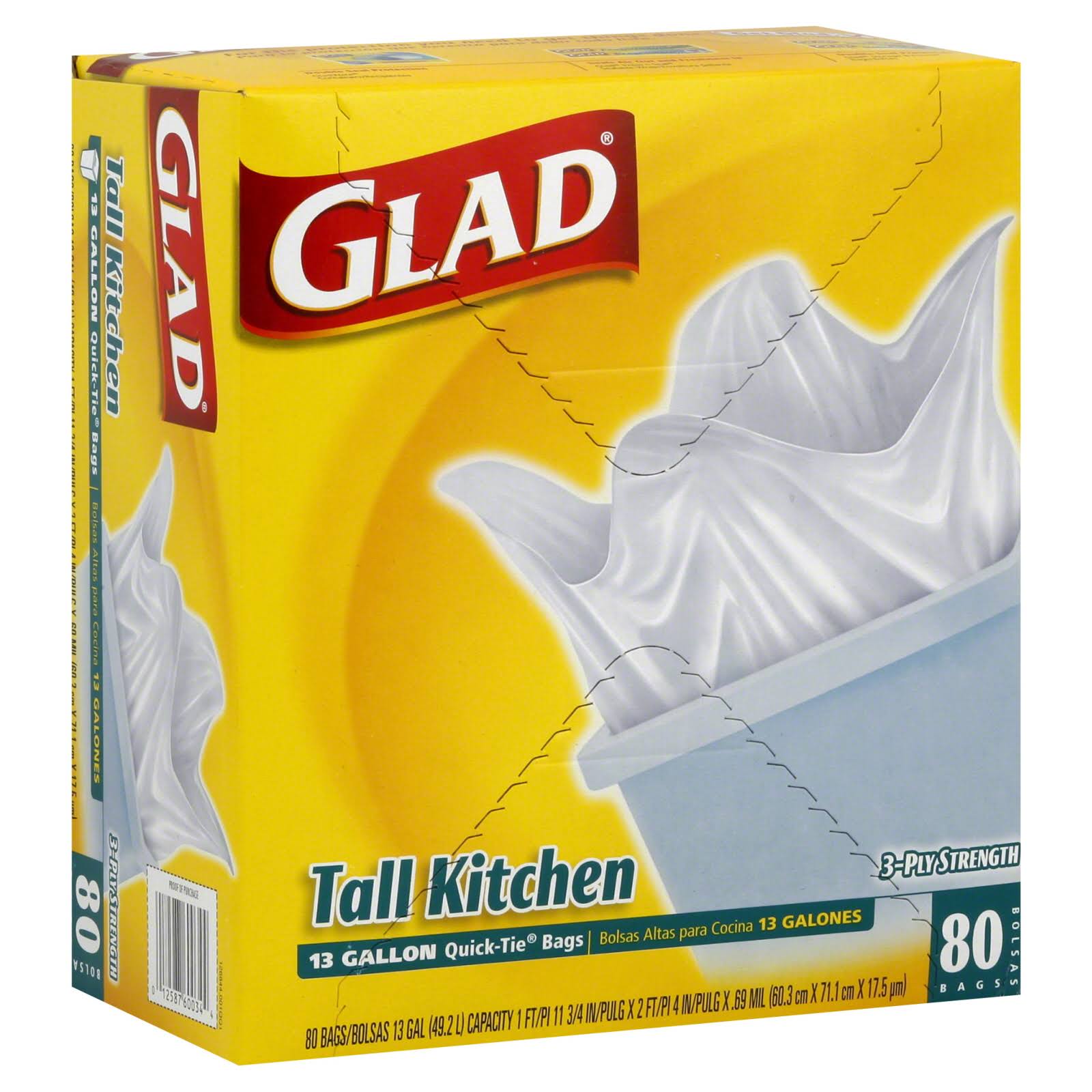 6c91166f042f1c9414583de25ea356fccab050ba00b27dbf80c9001209c5307f.jpg Glad Tall Kitchen Quick-Tie Trash Bags, 13 gallon - 80 count - Image 1