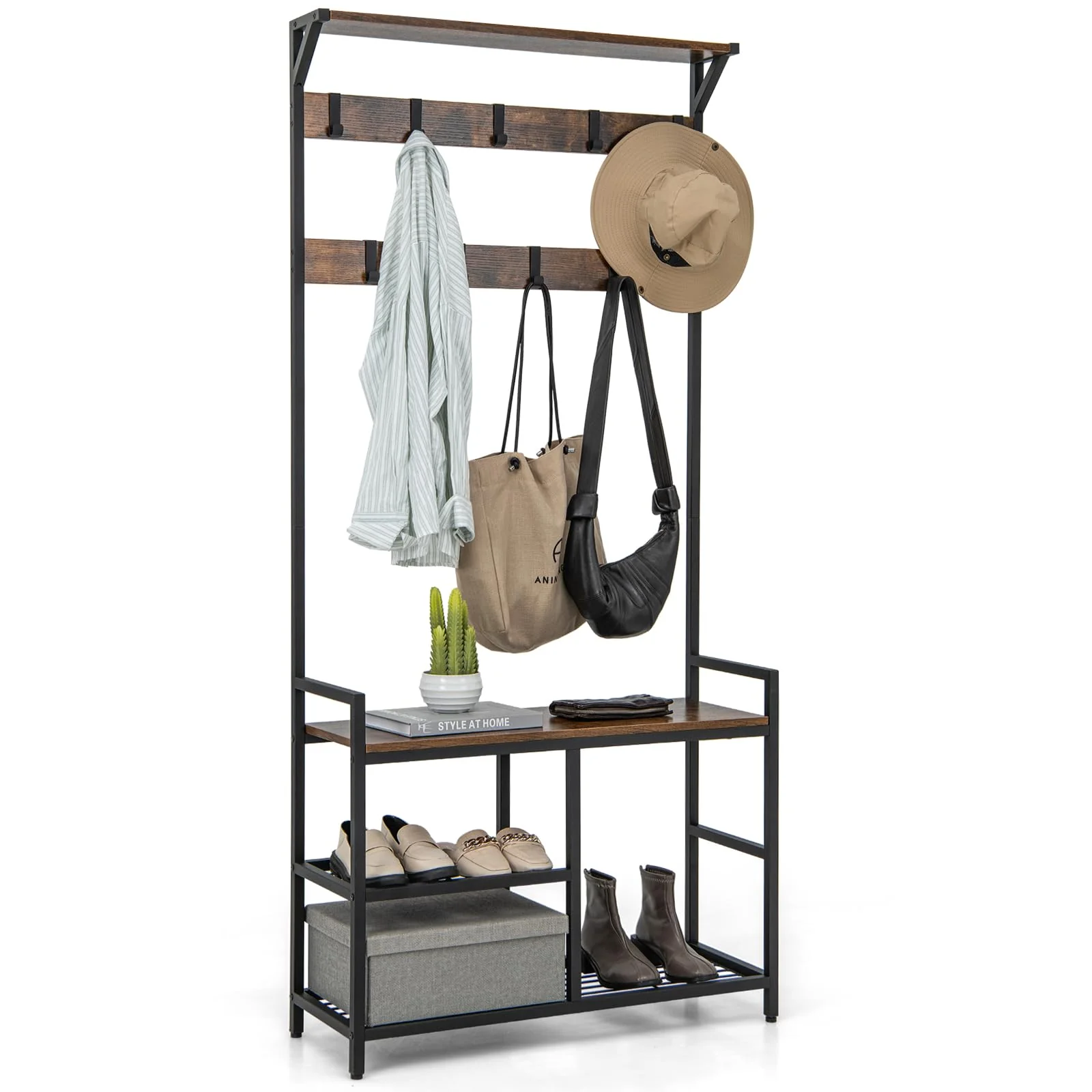 6cb622531fa571d3d882d624197e38fa44157bd2a1f4218e2ac51b2b730c73e6.webp Tangkula Hall Tree with Bench and Shoe Storage, 3-in-1 Industrial Entryway Bench with Coat Rack - Image 1