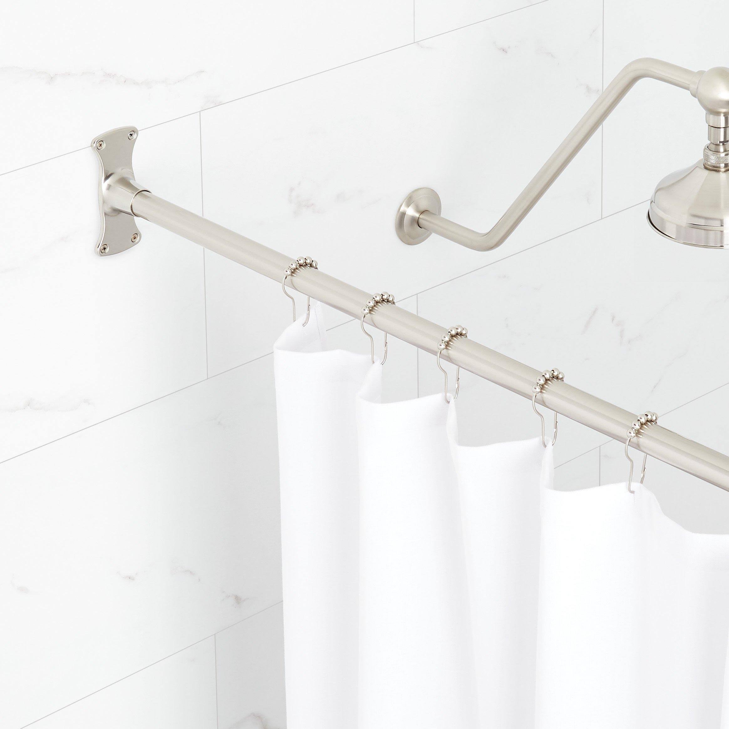 6cebc2a38b848bbb8bf909a7d8bd3e93e2419050bdab6369038a41301edd7b8b.jpg Signature Hardware 60" Brass Straight Shower Curtain Rod Finish: Brushed Nickel - Image 1
