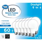 Great Value LED Light Bulb, 9W (60W Equivalent) A19 General Purpose Lamp E26 Medium Base, Non-Dimmable, Daylight, 12-Pack, Size: 12 Bulbs