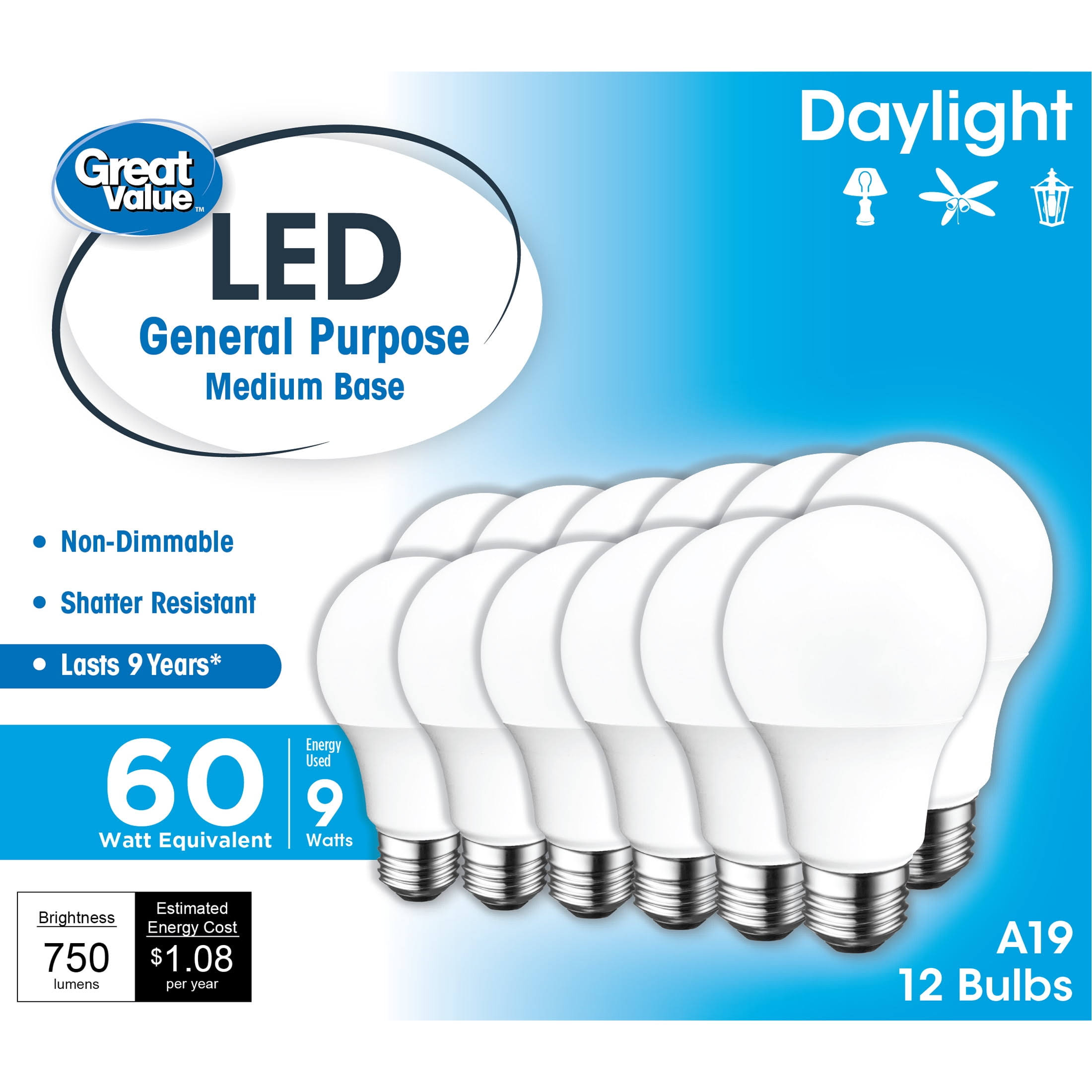 6d5df1870f77c35221b0f1d936d8ef03b2b5b38ec21770c4c5898bee73214ada.jpg Great Value LED Light Bulb, 9W (60W Equivalent) A19 General Purpose Lamp E26 Medium Base, Non-Dimmable, Daylight, 12-Pack, Size: 12 Bulbs - Image 1