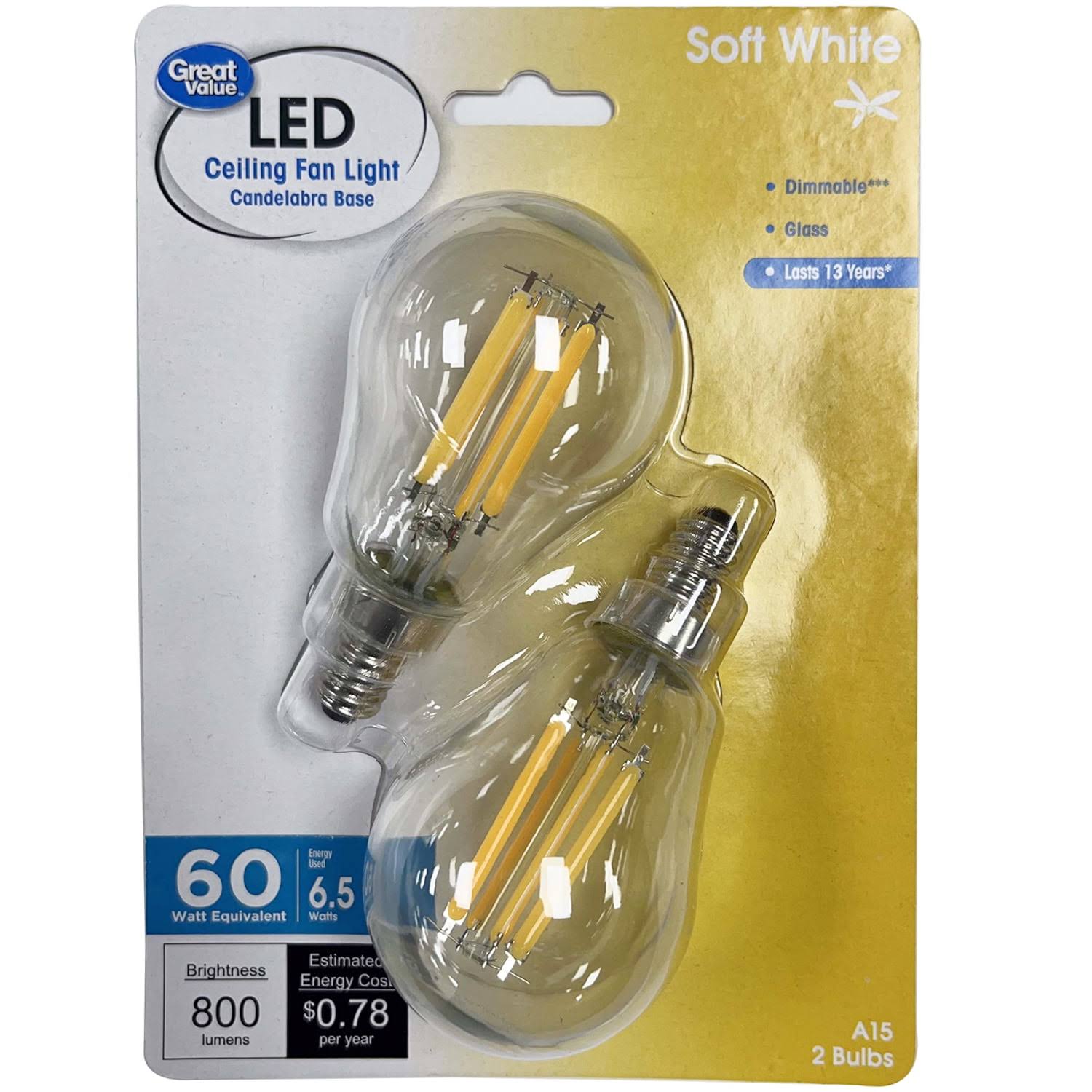 6d86c0b371ad399f939b484da7111f60f2140dd3098b291b8de2ad065fd8c83d.jpg Great Value Multi-Use LED Light Bulbs, 60W, Soft White, 2 Count - Image 1