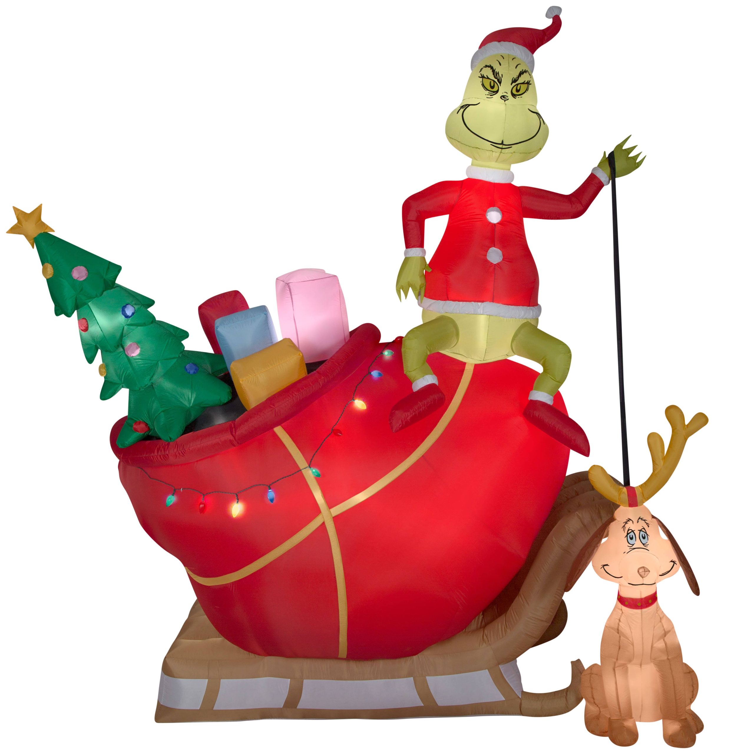 6d910b1fc3662a41cdb993150162241c28c4589b6b131cc3e1a21577319f71f2.jpg Airblown Grinch and Max in Sleigh Colossal Scene 118" Inflatable - Image 1