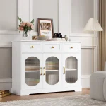 Homfa 3 Drawer Buffet Cabinet with 3 Curved Glass Doors, 47.2''W Kitchen Sideboard with Adjustable Shelf, White