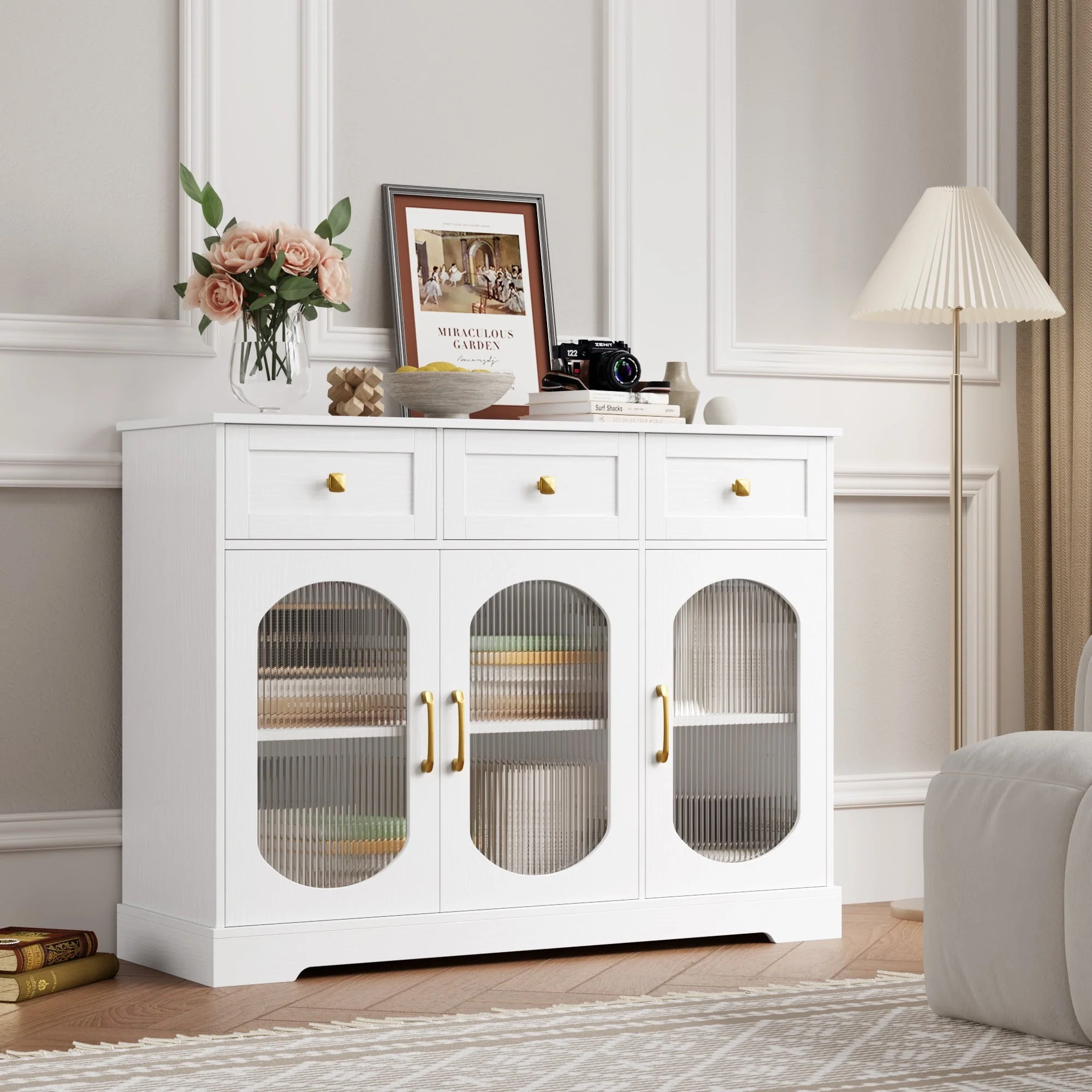 6daf26267832da700675ceda80c8725154f13e5e5c6786a76ce0f685e83f7581.webp Homfa 3 Drawer Buffet Cabinet with 3 Curved Glass Doors, 47.2''W Kitchen Sideboard with Adjustable Shelf, White - Image 1