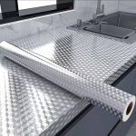 Kitchen Waterproof Oil Proof Aluminum Foil Sticker, Silver Chequer Peel and Stick Wallpaper Removable and Self Adhesive Paper for Kitchen