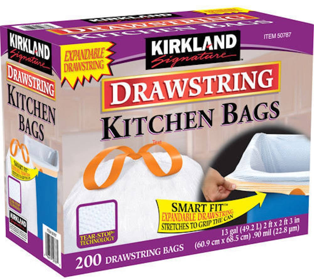 6e9673daacd7acadf92f8004cdff01683129ec1d41b7e0bf2e1b24181b729017.jpg Kirkland Signature 13 Gallon 200 ct Carton 100% Recyclable Heavy Duty Drawstring Kitchen Trash Bags Garbage Bag ,White - Image 1