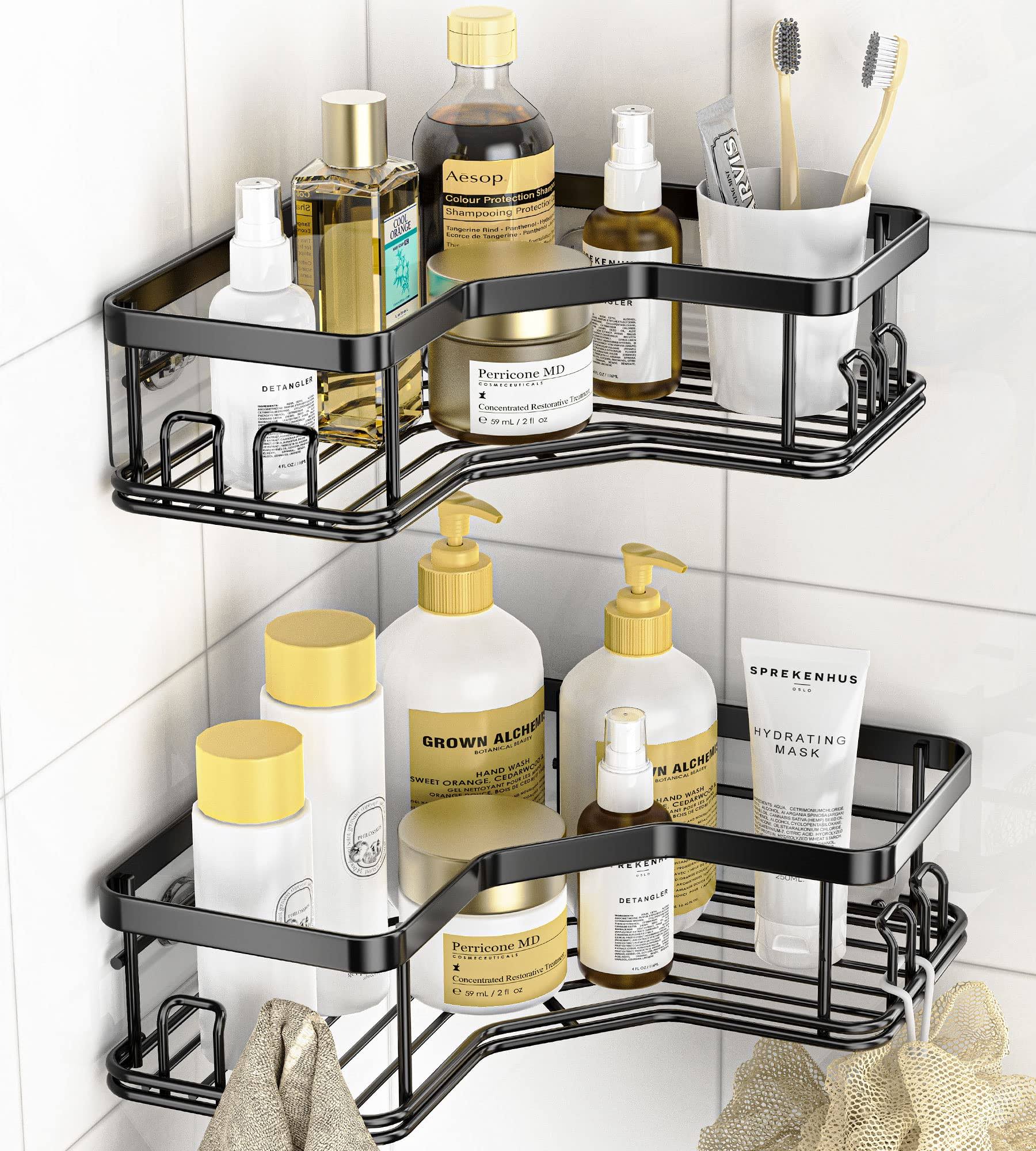6ecd5444c5b35ca2a78d225d51f3a296170dd60cd0ce803344f92c1758ed88d3.jpg MAXIFFE Shower Caddy, Adhesive Stainless Steel Shower Organizer Shower Rack, Corner Shower Caddy with 8 Hooks, Shower Shelves Storage Bathroom - Image 1