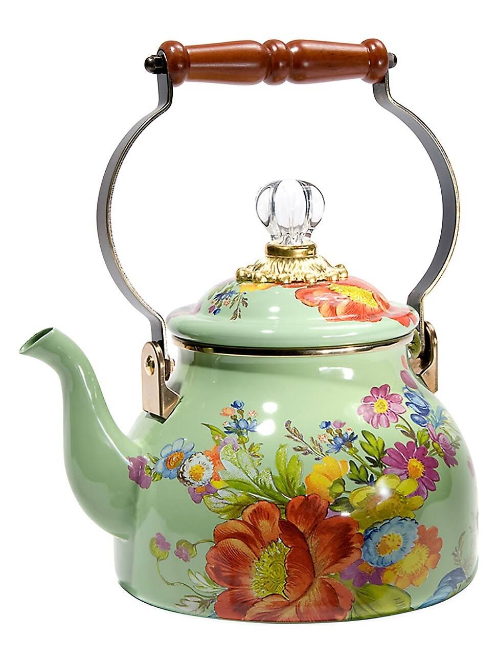 6ece233768c936f57edf3eb28d90b34f7b5db29cc00972a428ee05ae193ec884.jpg MacKenzie-Childs Flower Market 2 Quart Tea Kettle - Green - Image 1