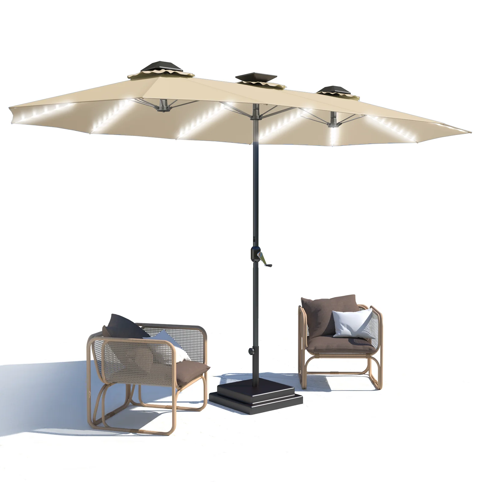 6ed2859f7dfd4ac4002f9e6a37403b2e11d5a678b3efaf5b0e3e04a54fa714c1.webp AECOJOY 15ft Patio Double-Sided Umbrella, 156 PCS Solar LED Light Outdoor Large Umbrella, Beige - Image 1