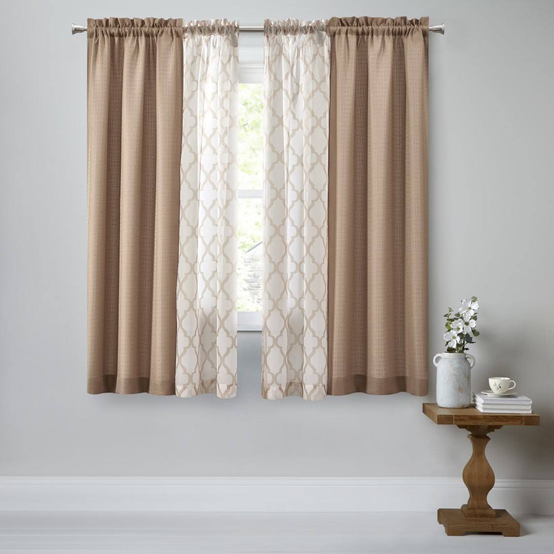 6ed57c48b86953fb901c99f5f045a6e9df54596afecf3043395687c5ad201f78.jpg Mainstays 4pc Set, Rod Pocket Curtain Panel, 27.5 inch x 63 inch, Tan, Size: 27.5 x 63 - Image 1
