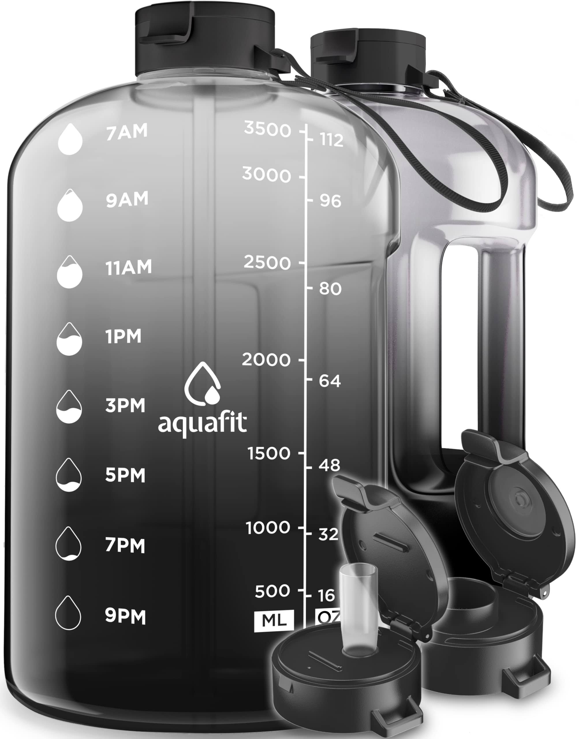 6ef5e49f89def0e9f82a6362a69c7a92c78482212a5ffeec9a8a62f331552202.jpg Aquafit 1 Gallon Water Bottle with Time Marker - 128 oz Water Bottle with Straw - Gym Water Bottle with Strap - Big Water Bottle - Image 1