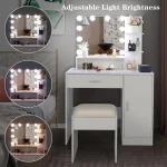 Ktaxon Vanity Set with 3 Color Lighted Mirror, Makeup Table with 3 Storage Shelves & Drawers, Dressing Table Makeup Desk with Stool, White