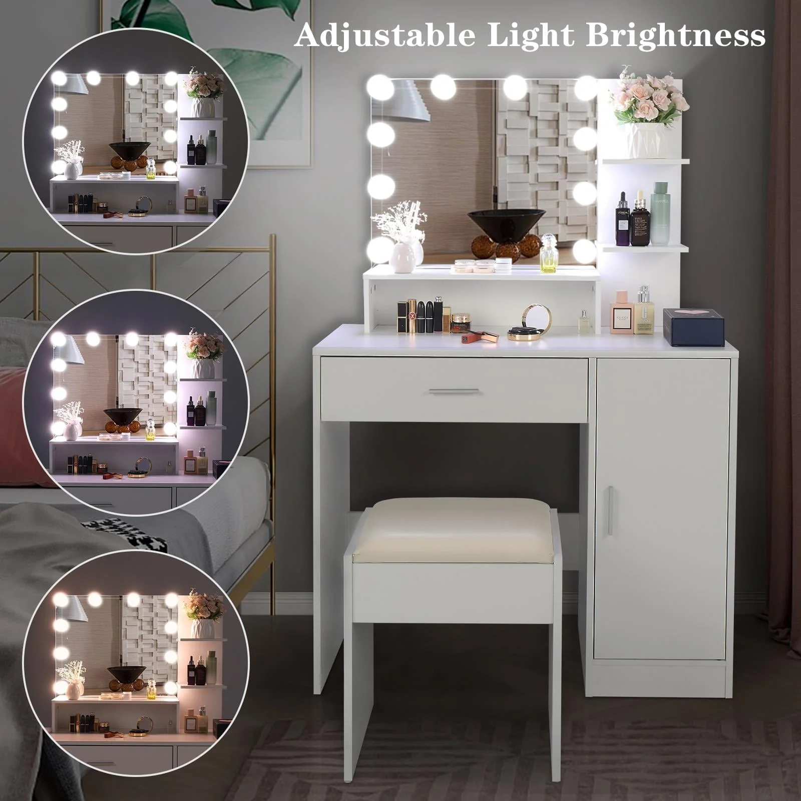 6f0e9b830abcd8d7ba2ddce6859b119a5a5632b2847a249b4eb225cd4f2ef92b.webp Ktaxon Vanity Set with 3 Color Lighted Mirror, Makeup Table with 3 Storage Shelves & Drawers, Dressing Table Makeup Desk with Stool, White - Image 1
