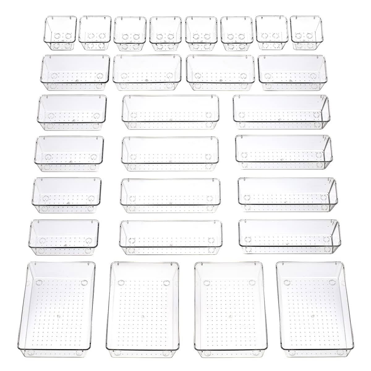 6faea36b01f0b25d042c8466d73b3c3af0e79fcd68de8682009b4d8772a13e7d.jpg Byomostor 28pcs Clear Plastic Drawers Organizer in 4 Sizes, Ultimate Storage Bins for Bathroom, Vanity, Junk Drawer, Office - - Image 1