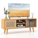 Mid Century Modern TV Stand for TVs up to 55", Bamboo Entertainment Center Media Console with Rattan & Glass Sliding Doors, Adjustable Shelf