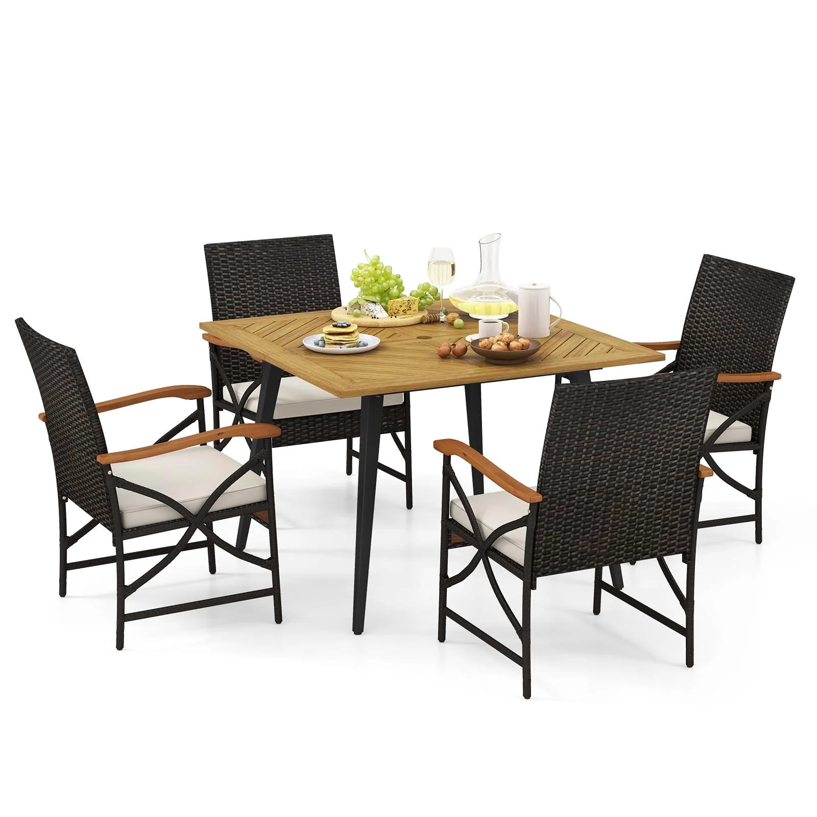 70198581210125506b8e769128541c8aeacbfbde52bcd136e6c81a1b68dbd6aa.webp Tangkula 5 Pieces Patio PE Wicker Dining Set, Outdoor Dining Table and Chairs with Cushions - Image 1
